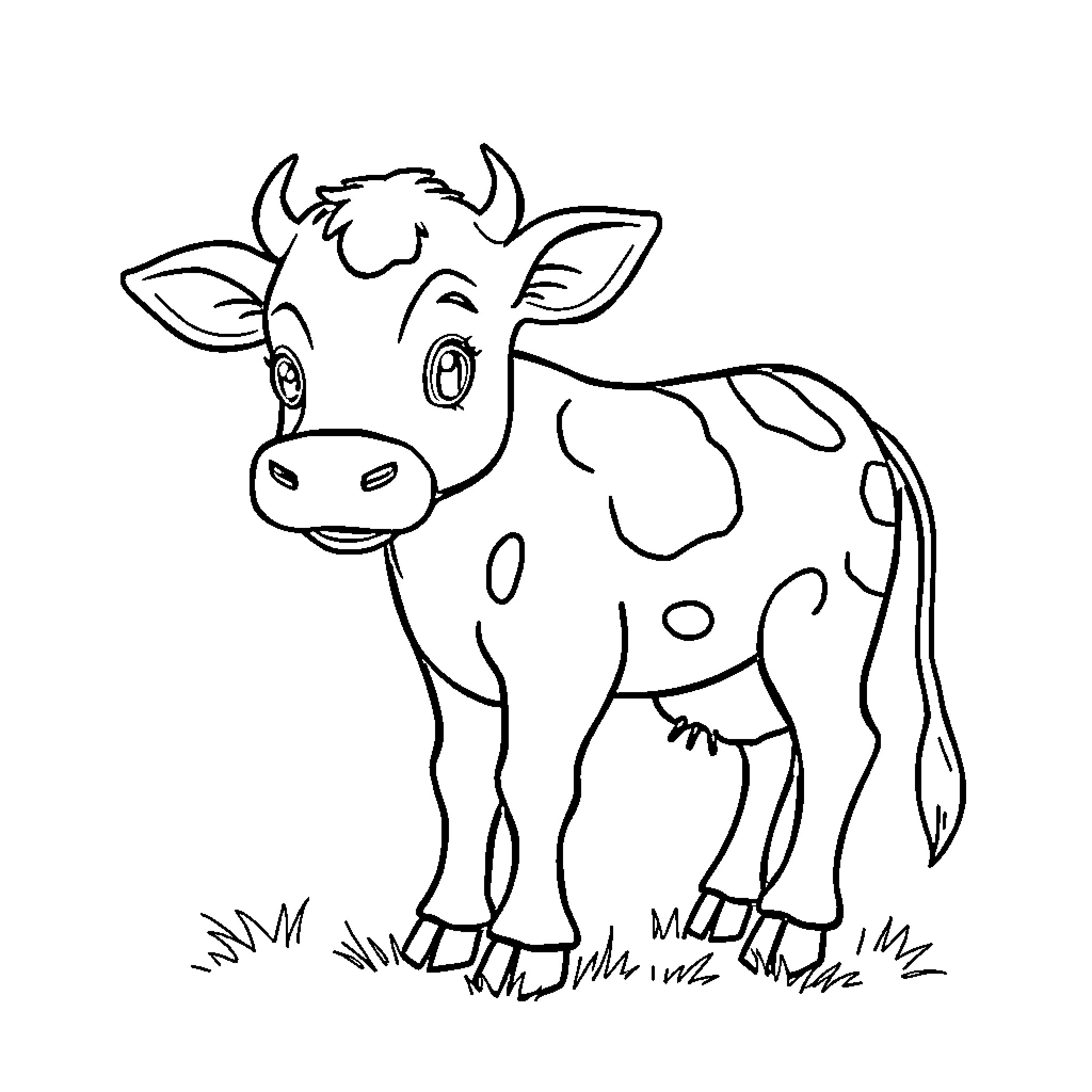 Calf standing curiously in the field Coloring Page (free black-and-white line drawing printable PDF for all, from beginners to advanced learners, including children, teens, adults, and seniors)