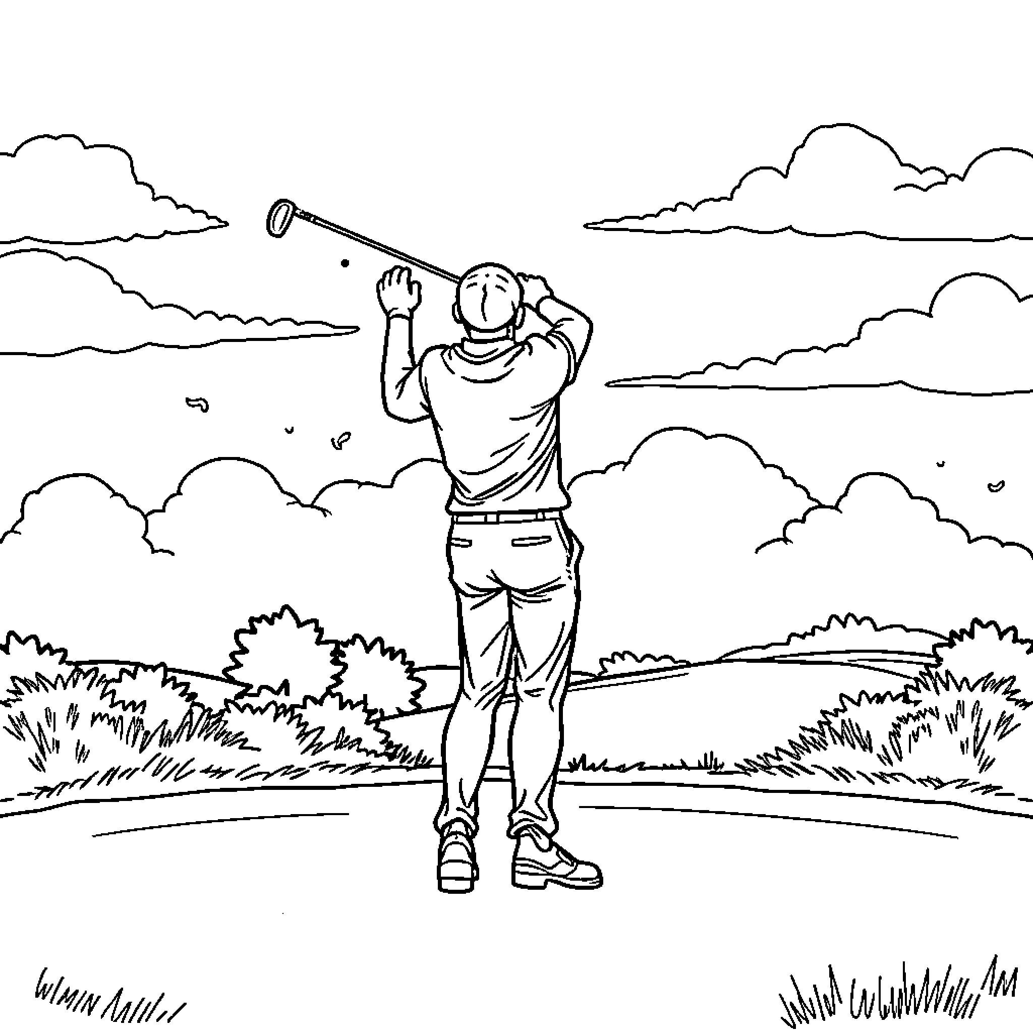 Golfer swinging club on scenic golf course Coloring Page (free black-and-white line drawing printable PDF for all, from beginners to advanced learners, including children, teens, adults, and seniors)