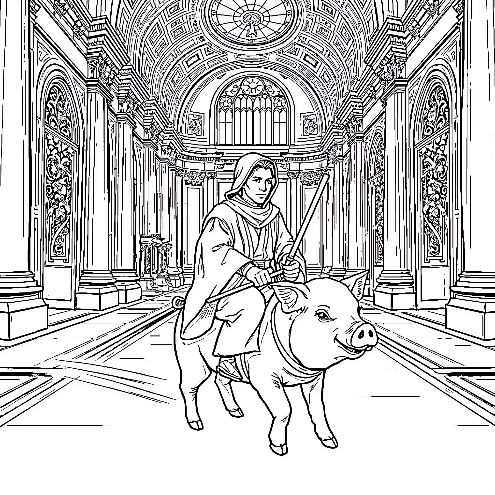 Obi-Wan Riding a Creature Through an Ornate Palace Coloring Page (free black-and-white line drawing printable PDF for all, from beginners to advanced learners, including children, teens, adults, and seniors)
