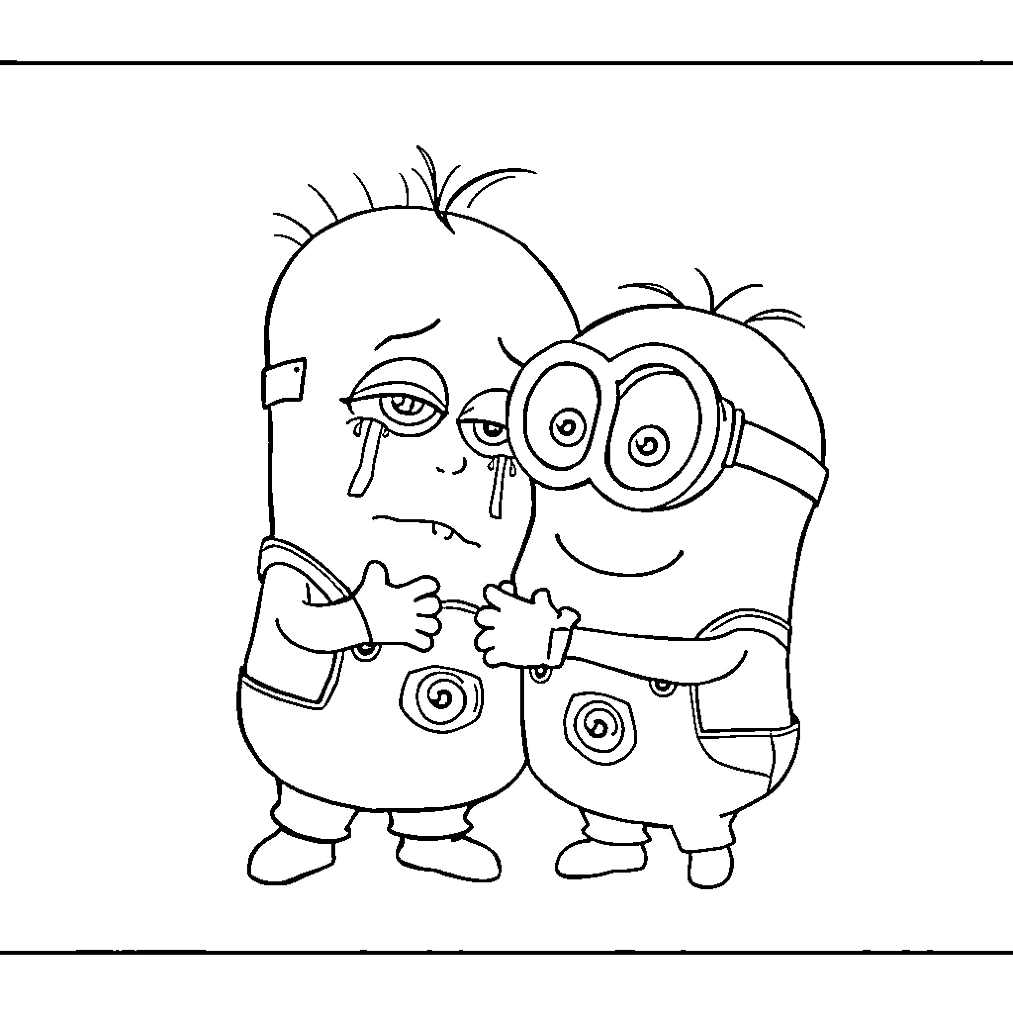 Bebe Minions Sharing Mischief Coloring Page (free black-and-white line drawing printable PDF for all, from beginners to advanced learners, including children, teens, adults, and seniors)