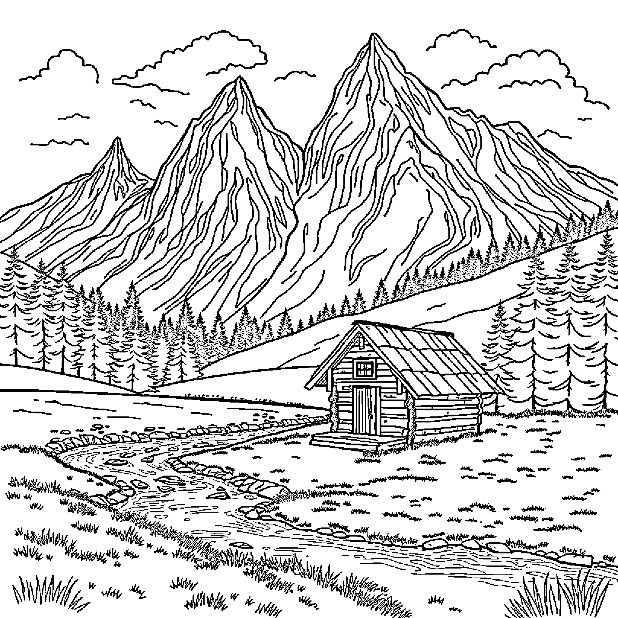 Shack in the Mountainous Wilderness Coloring Page (free black-and-white line drawing printable PDF for all, from beginners to advanced learners, including children, teens, adults, and seniors)
