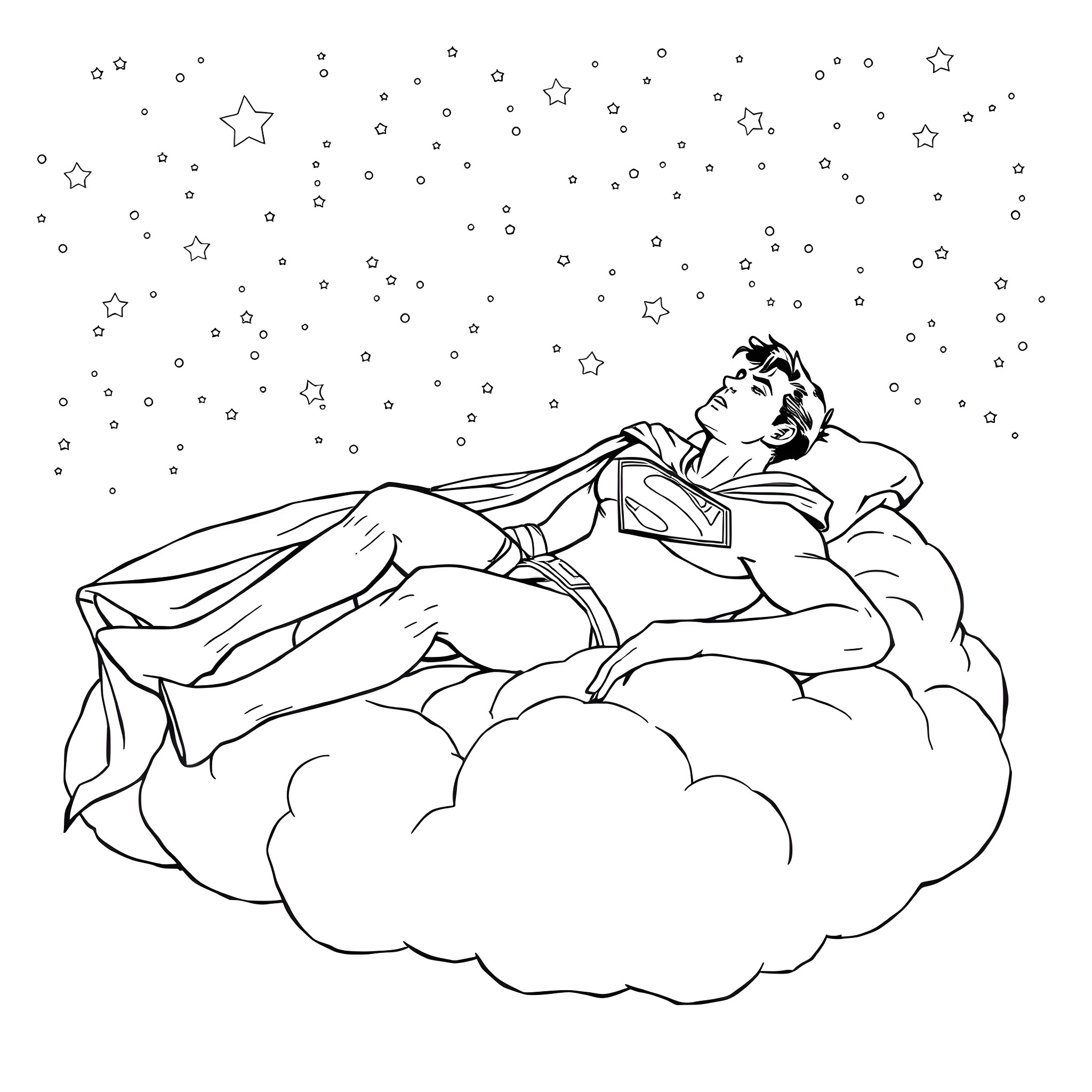 Superman resting on clouds among the stars Coloring Page (free black-and-white line drawing printable PDF for all, from beginners to advanced learners, including children, teens, adults, and seniors)