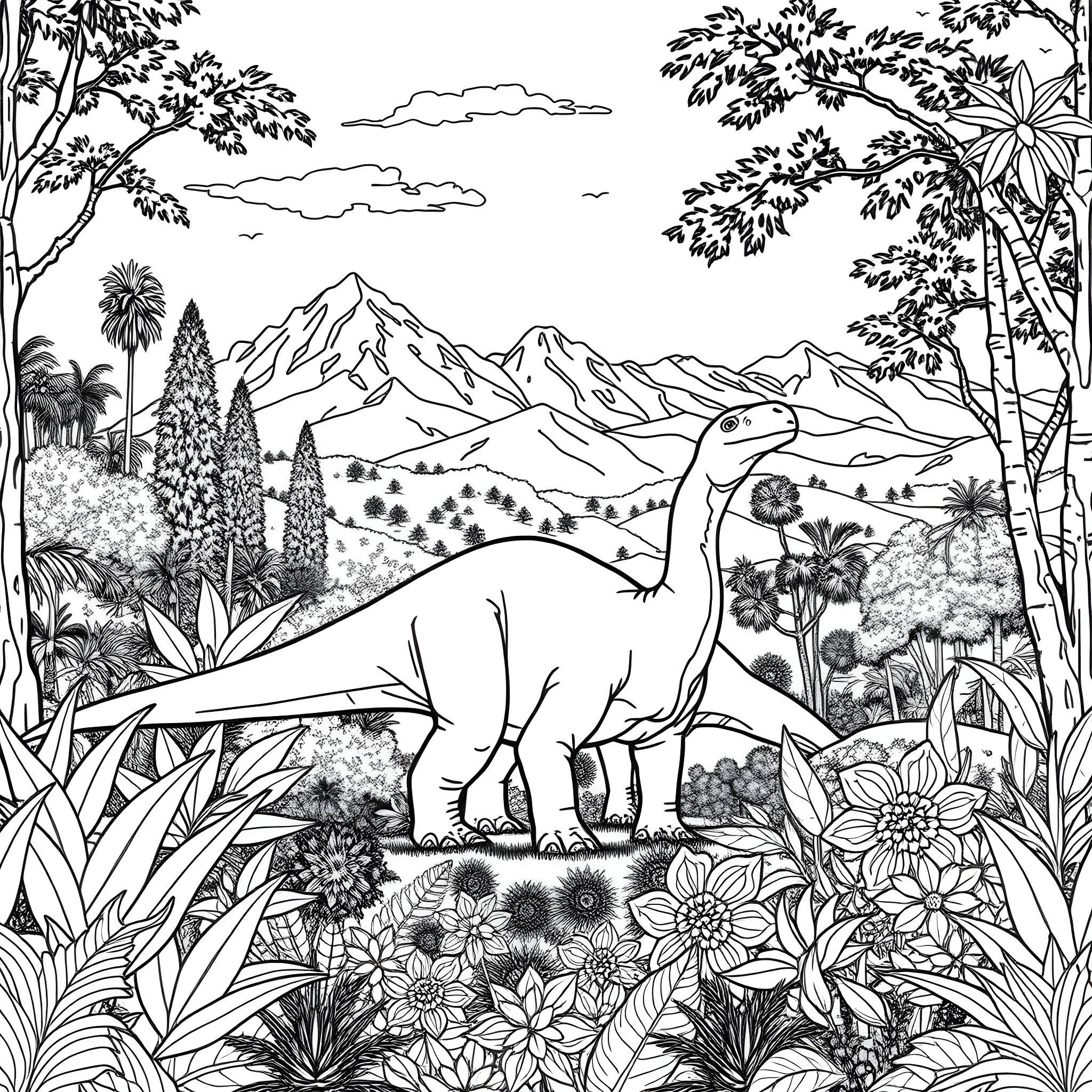 Dinosaur exploring lush prehistoric landscape Coloring Page (free black-and-white line drawing printable PDF for all, from beginners to advanced learners, including children, teens, adults, and seniors)
