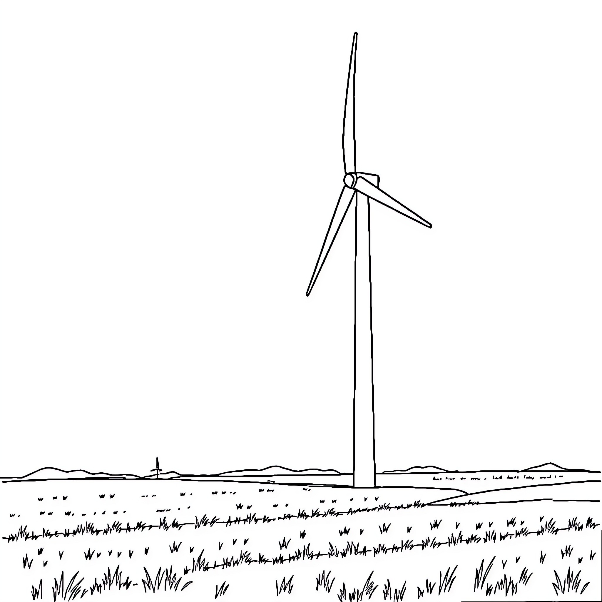 Wind Turbine in a Field Coloring Page (free black-and-white line drawing printable PDF for all, from beginners to advanced learners, including children, teens, adults, and seniors)