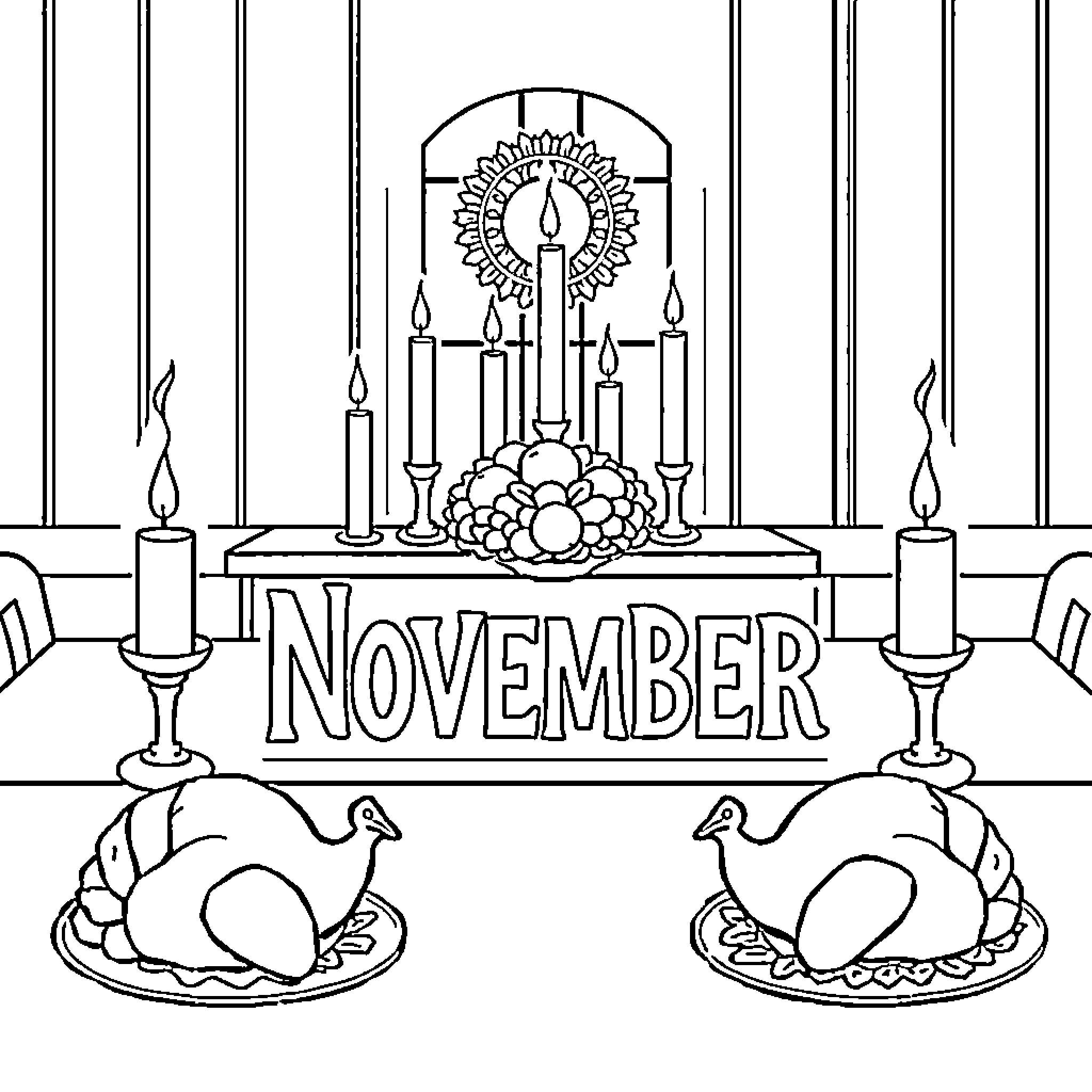 November Thanksgiving feast with candles and turkeys Coloring Page (free black-and-white line drawing printable PDF for all, from beginners to advanced learners, including children, teens, adults, and seniors)