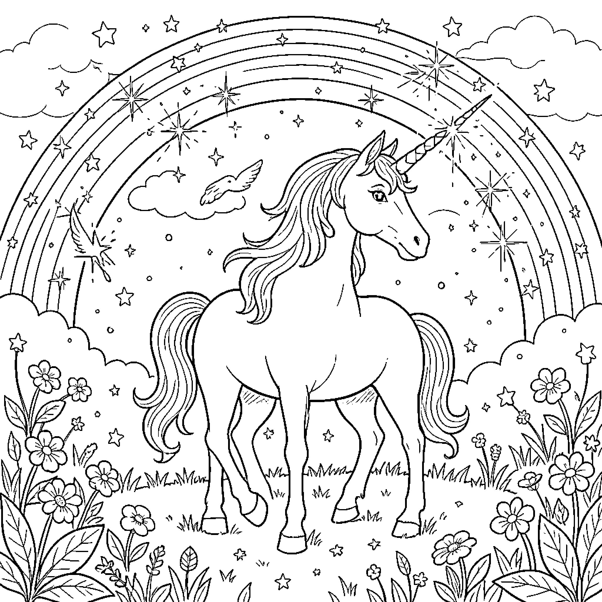 Unicorn standing amidst flowers under a rainbow Coloring Page (free black-and-white line drawing printable PDF for all, from beginners to advanced learners, including children, teens, adults, and seniors)