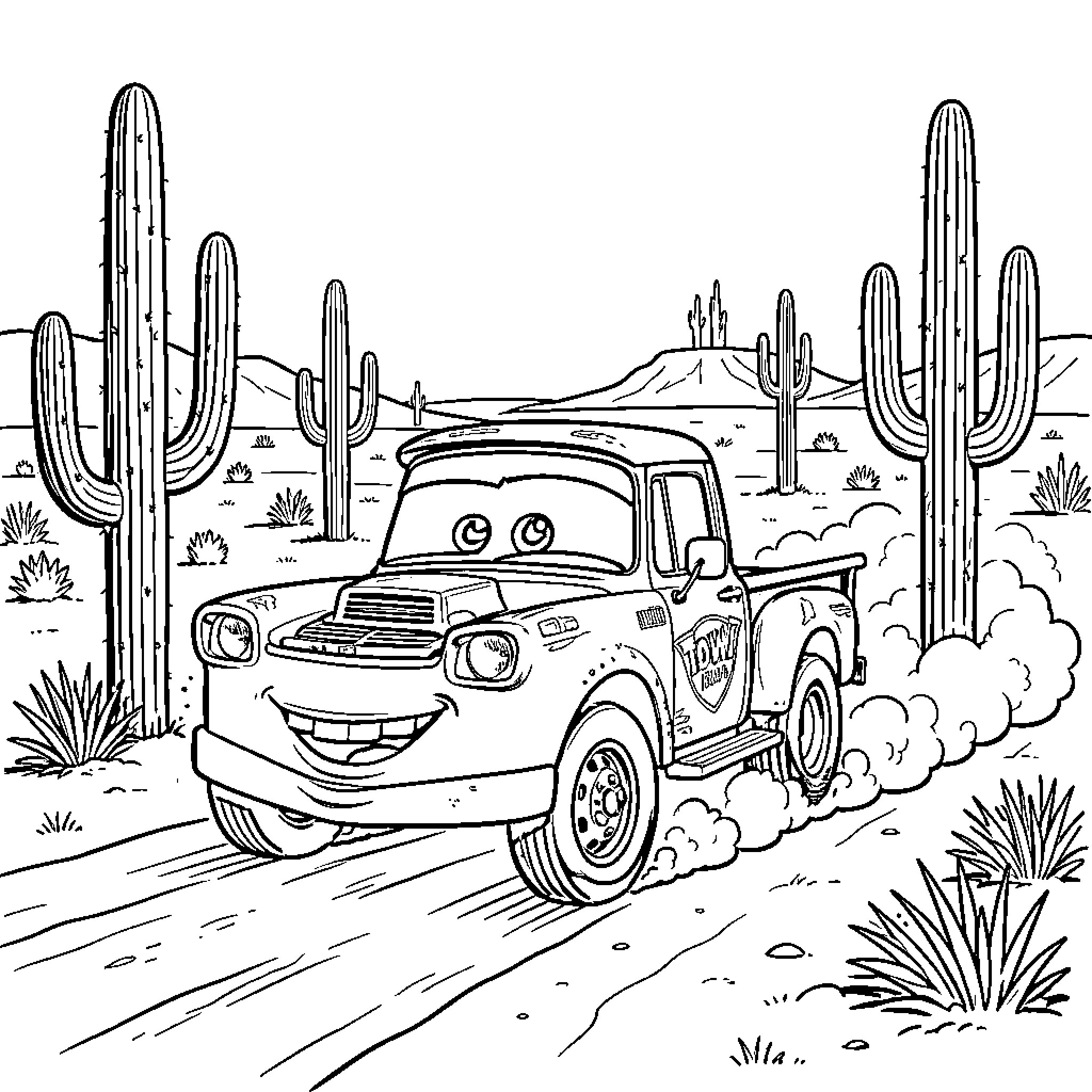 Tow Mater driving through the desert landscape Coloring Page (free black-and-white line drawing printable PDF for all, from beginners to advanced learners, including children, teens, adults, and seniors)