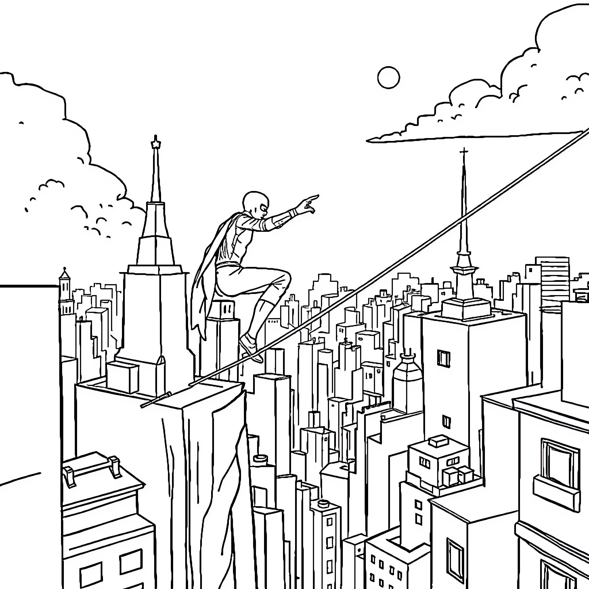 Spider-Man swinging through the city skyline Coloring Page (free black-and-white line drawing printable PDF for all, from beginners to advanced learners, including children, teens, adults, and seniors)