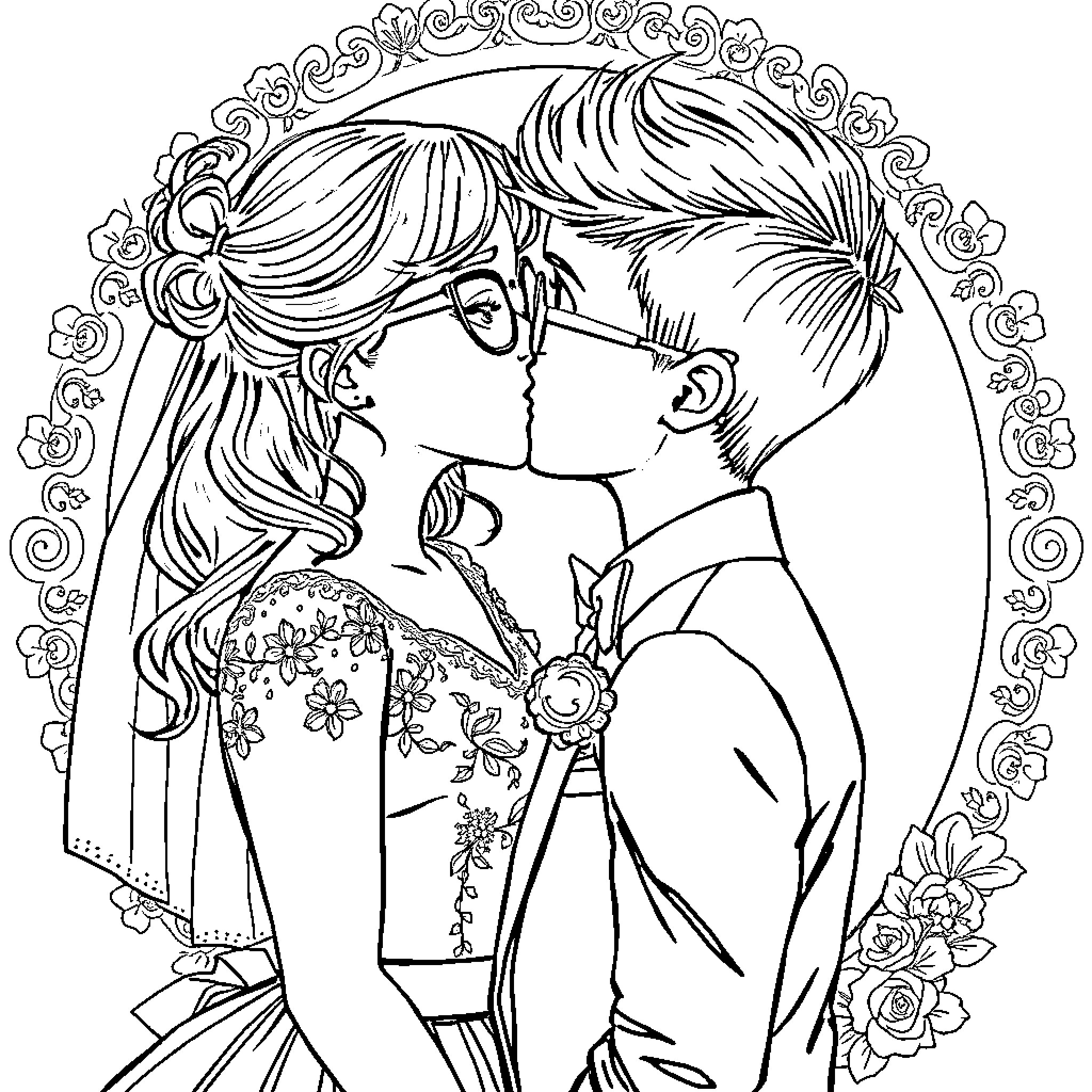 Girl and Boy in Romantic Embrace Coloring Page (free black-and-white line drawing printable PDF for all, from beginners to advanced learners, including children, teens, adults, and seniors)