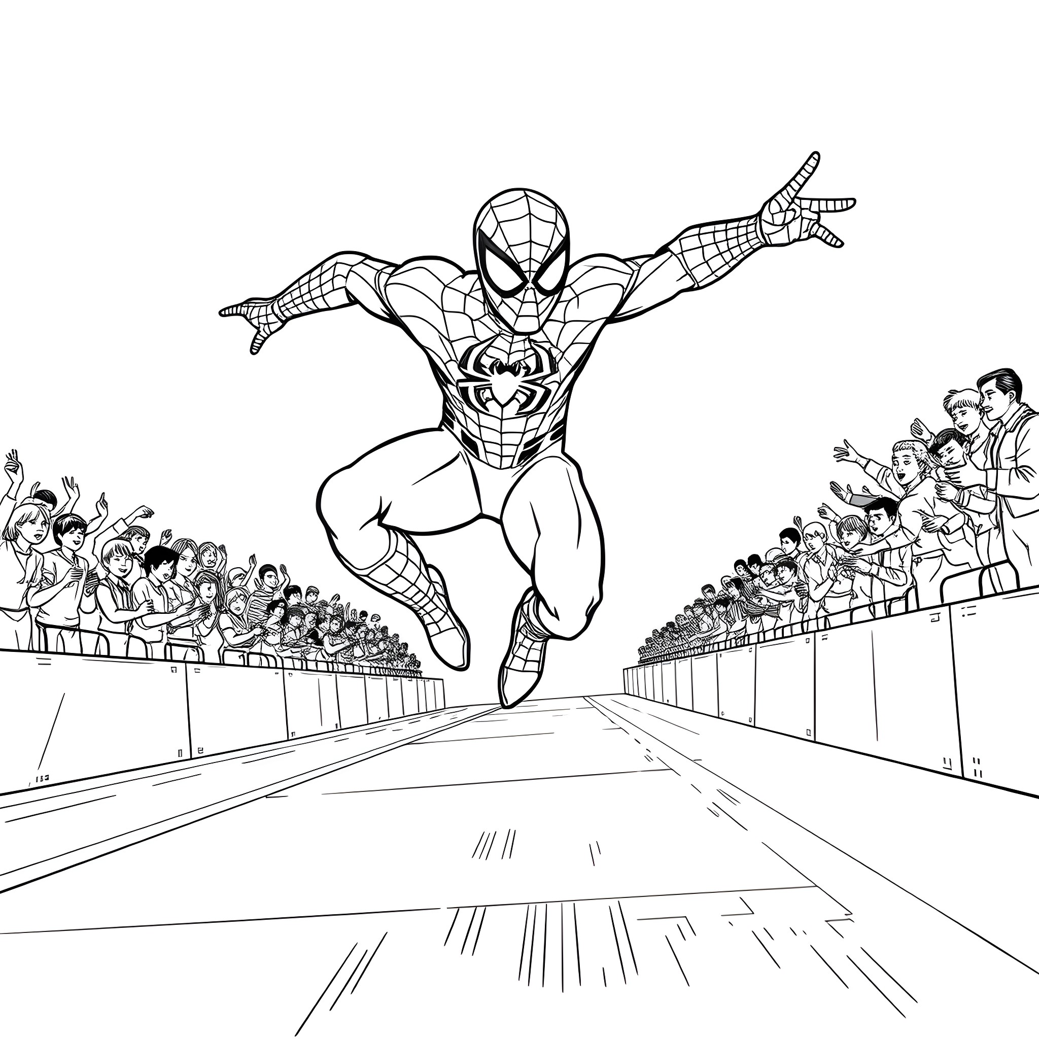 Spider-Man leaping into action in front of cheering crowd Coloring Page (free black-and-white line drawing printable PDF for all, from beginners to advanced learners, including children, teens, adults, and seniors)