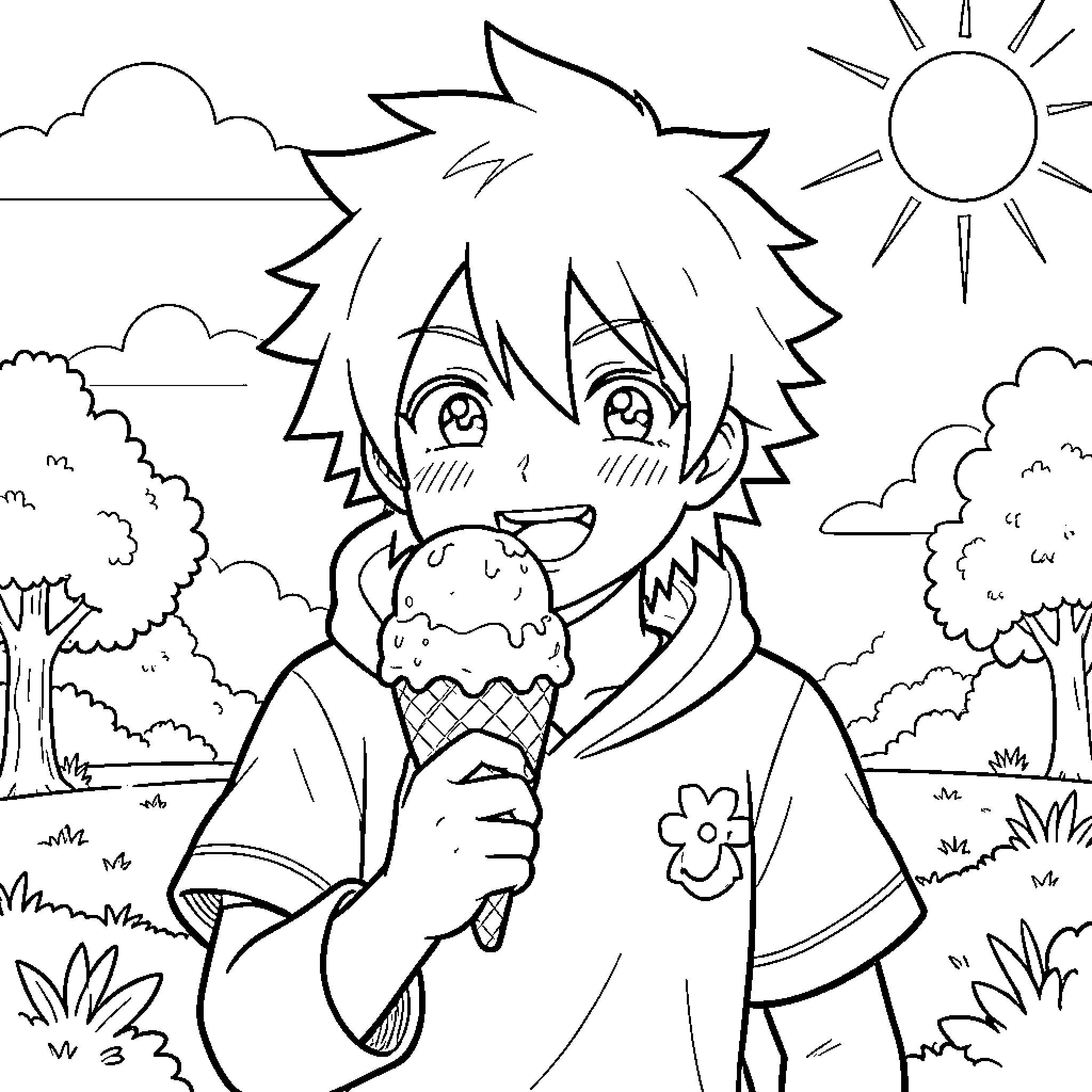 Natsu Enjoying a Tasty Ice Cream on a Sunny Day Coloring Page (free black-and-white line drawing printable PDF for all, from beginners to advanced learners, including children, teens, adults, and seniors)