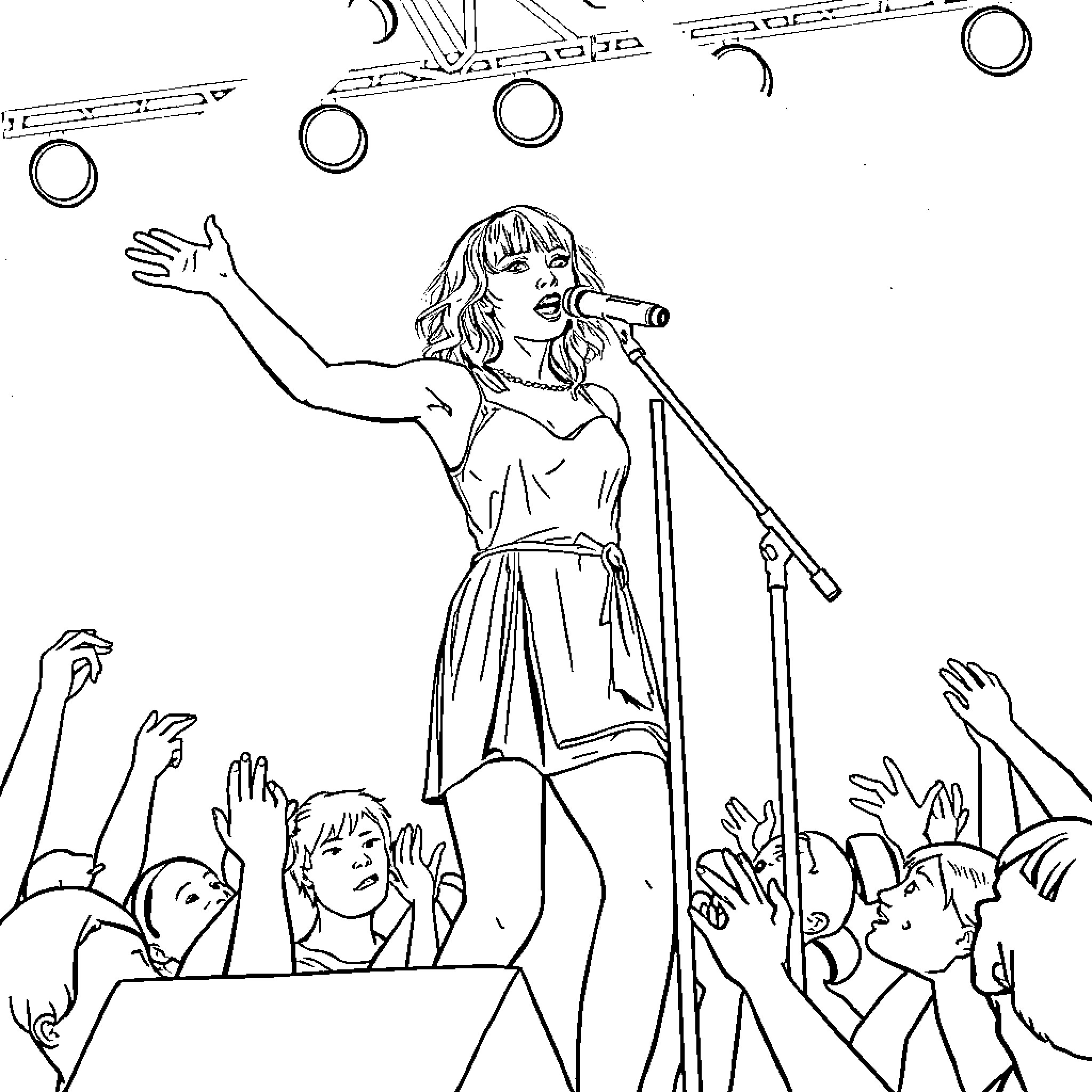 Taylor Swift performing on stage with cheering fans Coloring Page (free black-and-white line drawing printable PDF for all, from beginners to advanced learners, including children, teens, adults, and seniors)