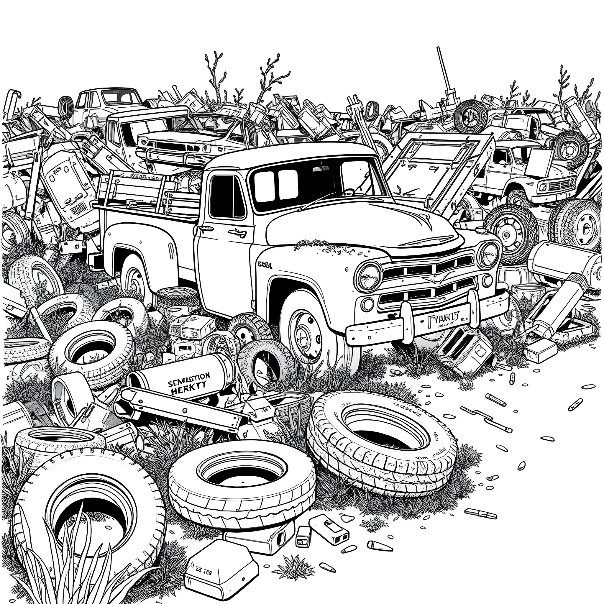 Pick Up Trucks Abandoned in the Junkyard Coloring Page (free black-and-white line drawing printable PDF for all, from beginners to advanced learners, including children, teens, adults, and seniors)