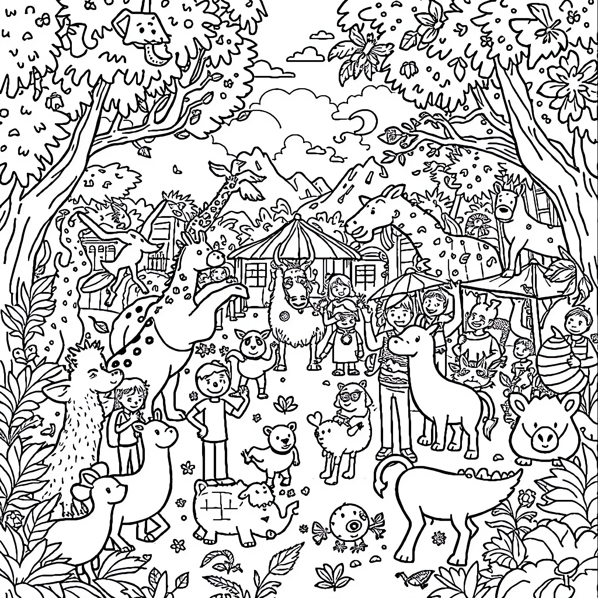 Animal Carnival Fun in the Forest Coloring Page (free black-and-white line drawing printable PDF for all, from beginners to advanced learners, including children, teens, adults, and seniors)