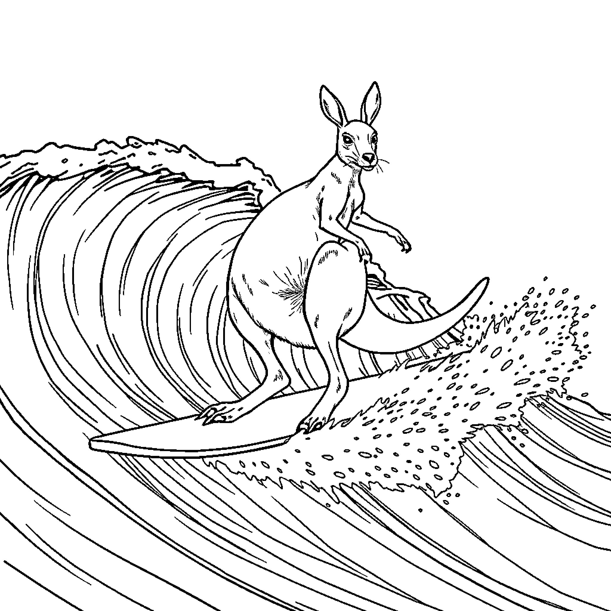 Kangaroo surfing the ocean waves Coloring Page (free black-and-white line drawing printable PDF for all, from beginners to advanced learners, including children, teens, adults, and seniors)