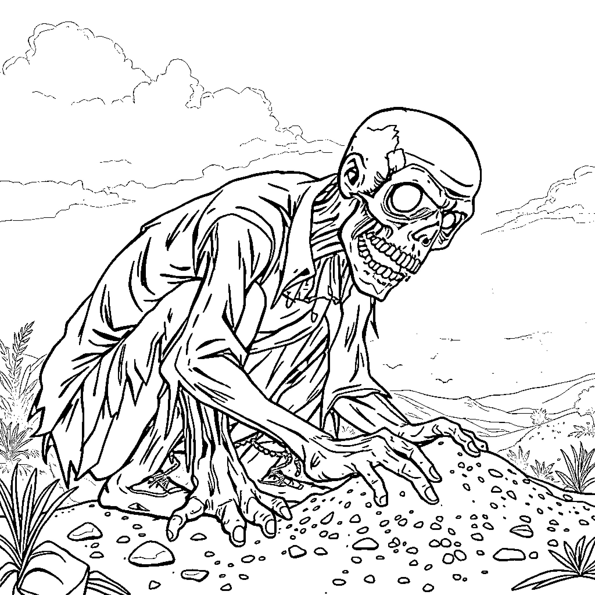 Zombie creature scavenging in the wilderness Coloring Page (free black-and-white line drawing printable PDF for all, from beginners to advanced learners, including children, teens, adults, and seniors)