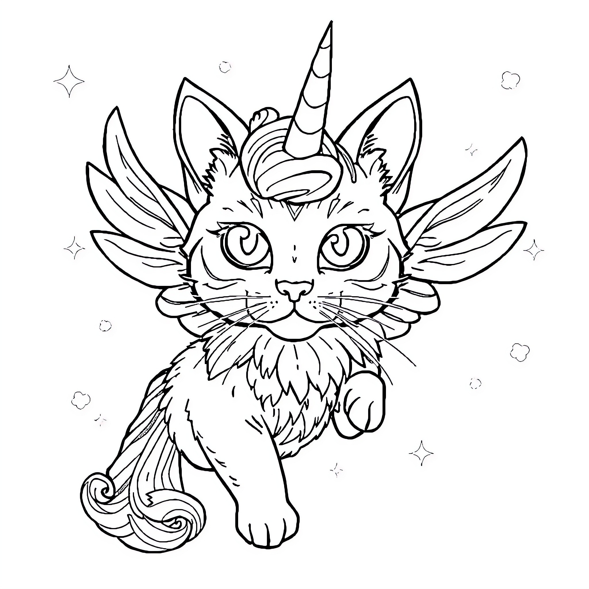 Unicorn Kitten's Magical Transformation Coloring Page (free black-and-white line drawing printable PDF for all, from beginners to advanced learners, including children, teens, adults, and seniors)