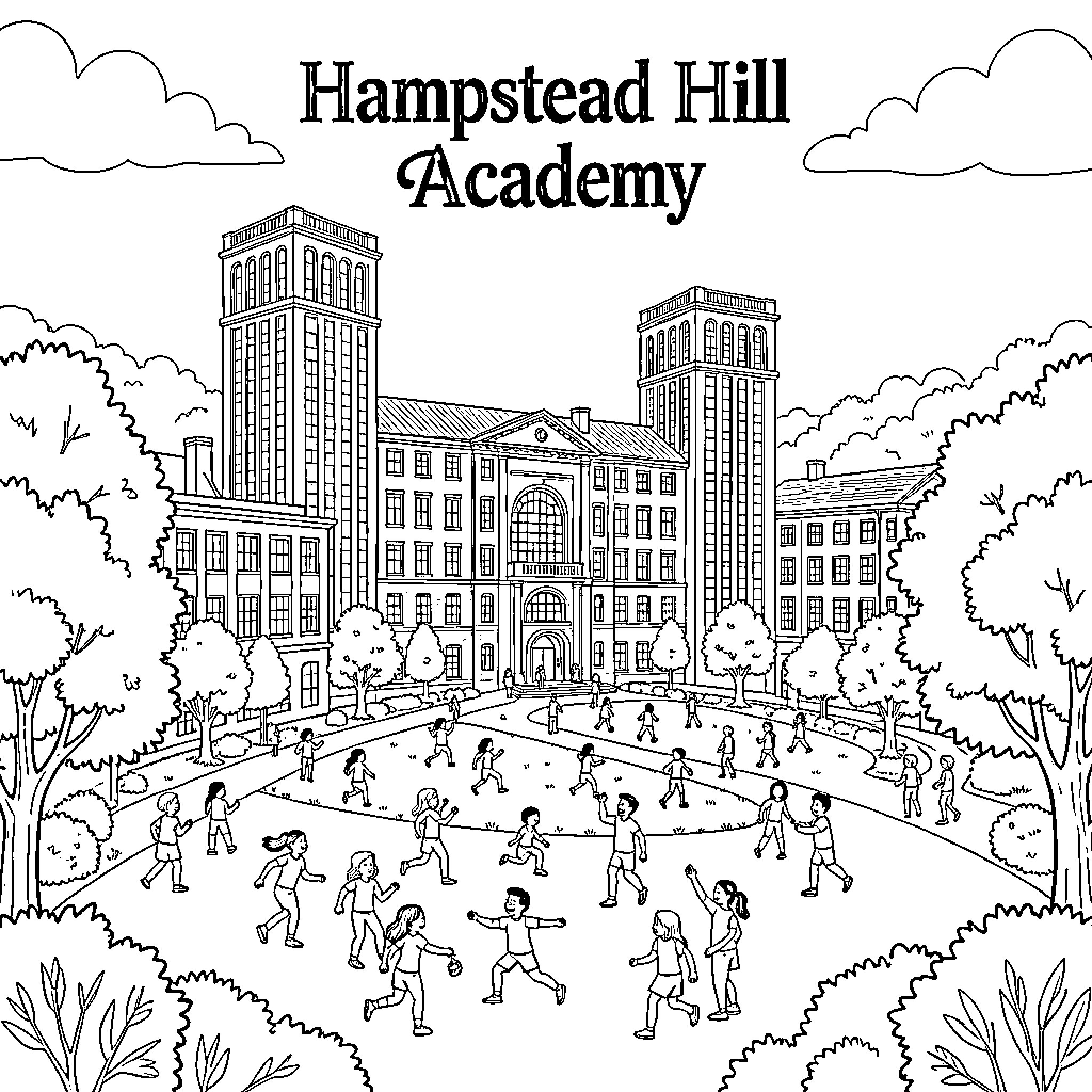 Hampstead Hill Academy students playing happily in the courtyard Coloring Page (free black-and-white line drawing printable PDF for all, from beginners to advanced learners, including children, teens, adults, and seniors)