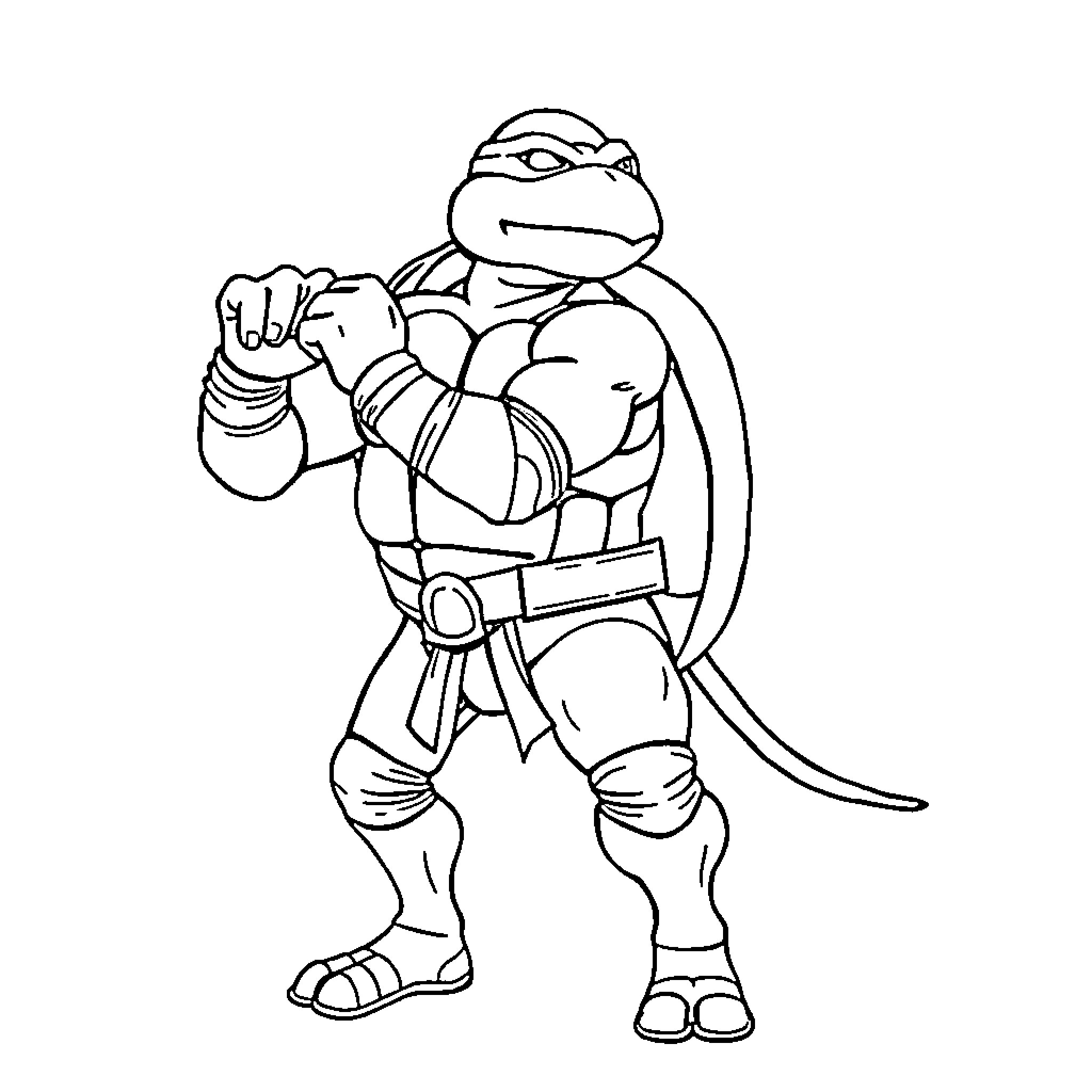 Ninja Turtle ready for action Coloring Page (free black-and-white line drawing printable PDF for all, from beginners to advanced learners, including children, teens, adults, and seniors)