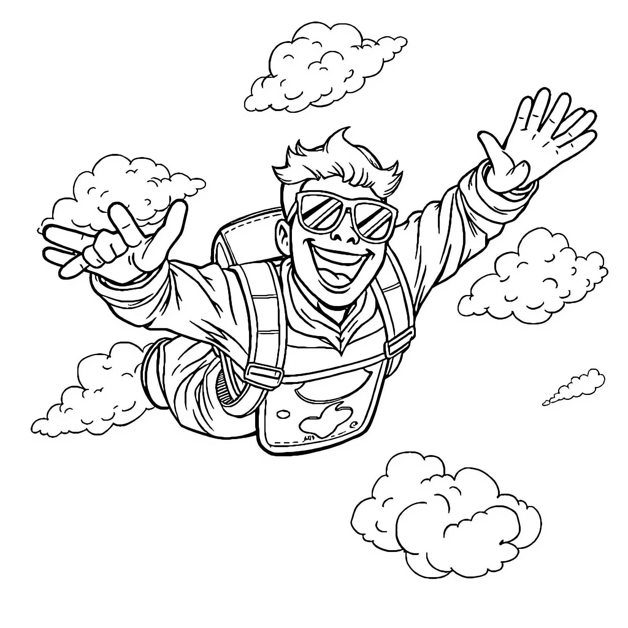 Cool Aid Guy Skydiving with Enthusiasm Coloring Page (free black-and-white line drawing printable PDF for all, from beginners to advanced learners, including children, teens, adults, and seniors)