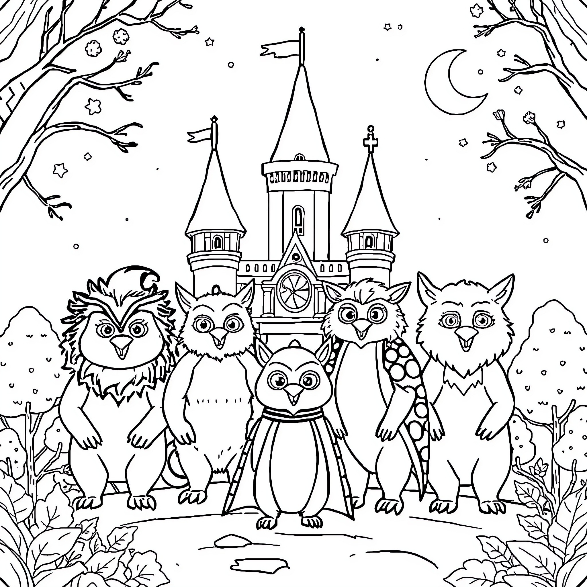 Pecado: Whimsical Creatures in a Fantastical Landscape Coloring Page (free black-and-white line drawing printable PDF for all, from beginners to advanced learners, including children, teens, adults, and seniors)
