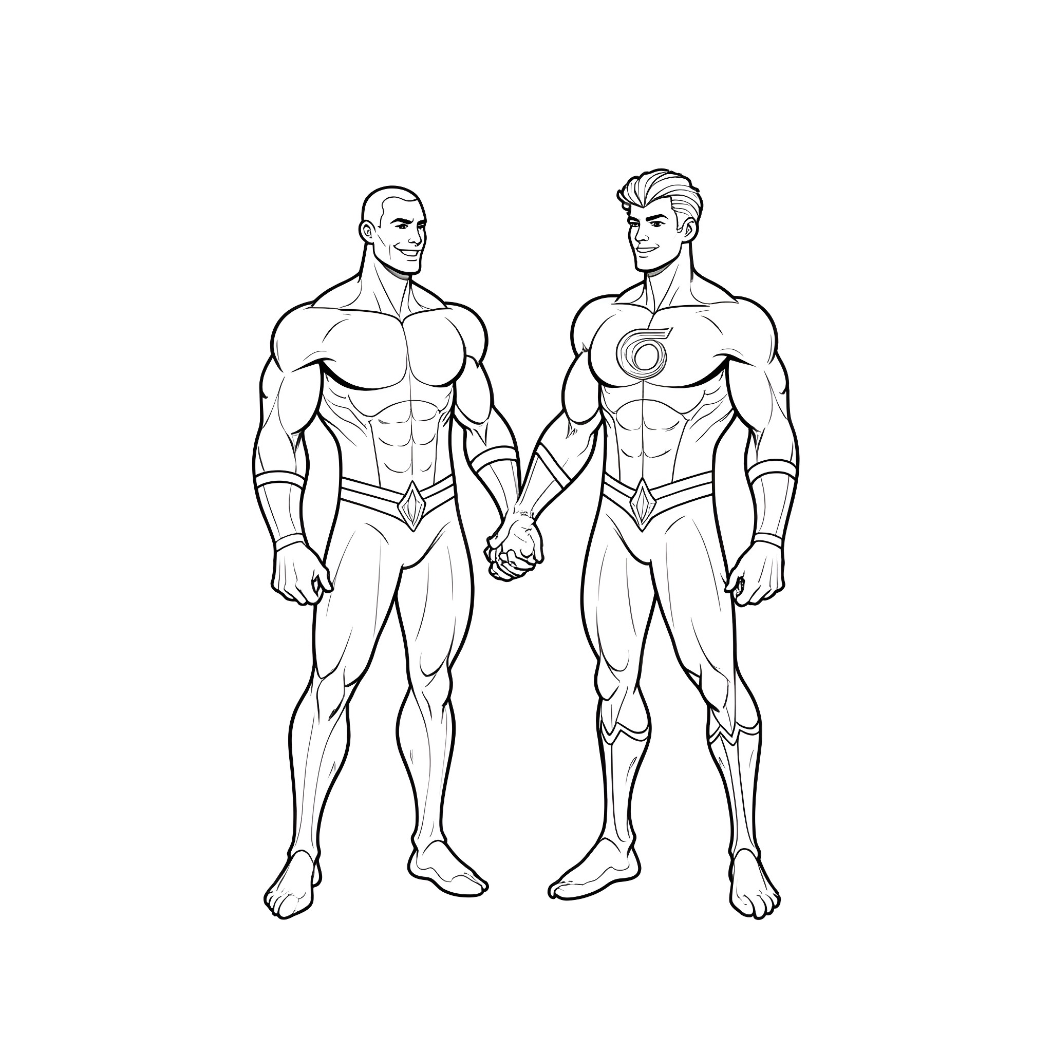 Namor and Aquaman in heroic poses Coloring Page (free black-and-white line drawing printable PDF for all, from beginners to advanced learners, including children, teens, adults, and seniors)