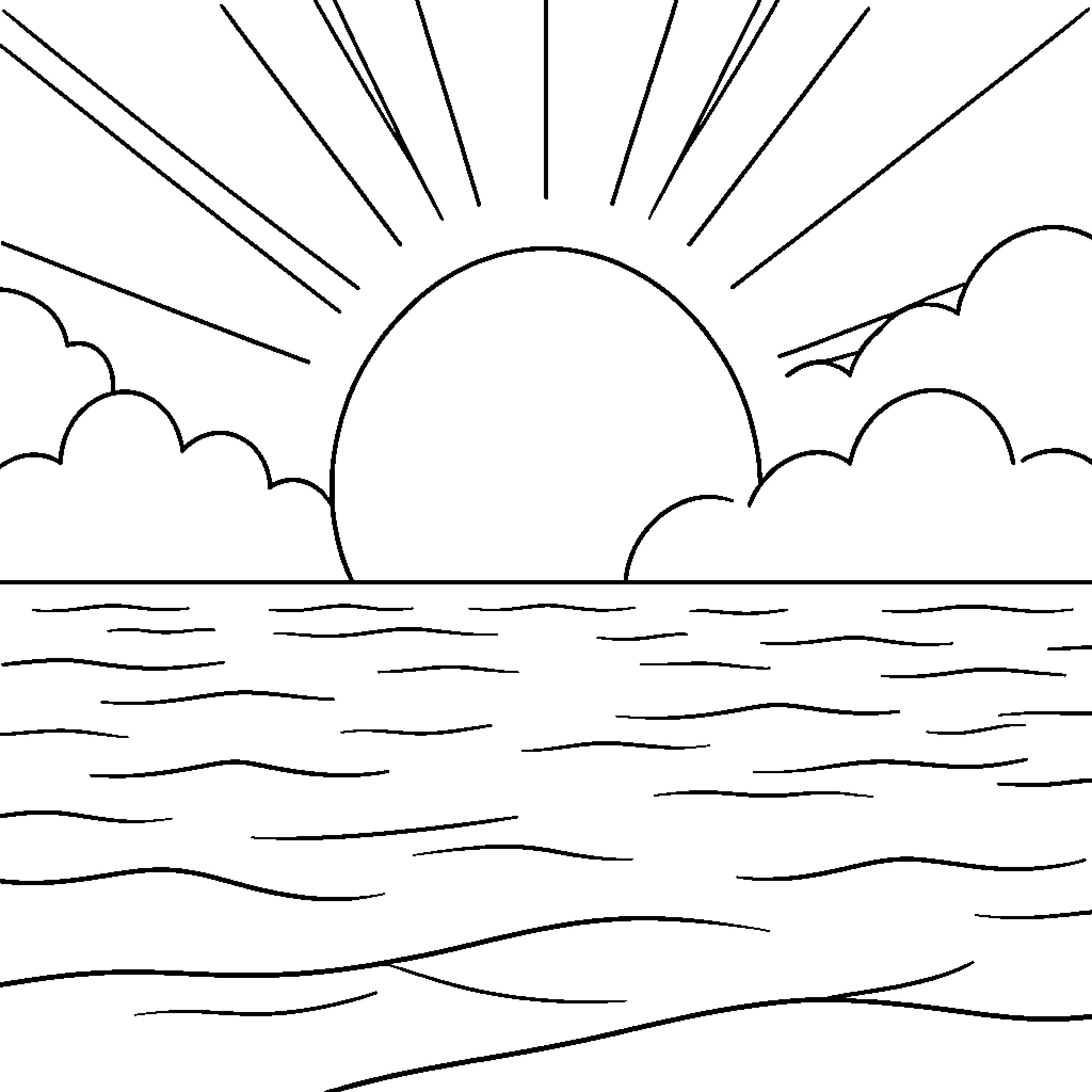 Sun rising slowly over the calm ocean waves Coloring Page (free black-and-white line drawing printable PDF for all, from beginners to advanced learners, including children, teens, adults, and seniors)