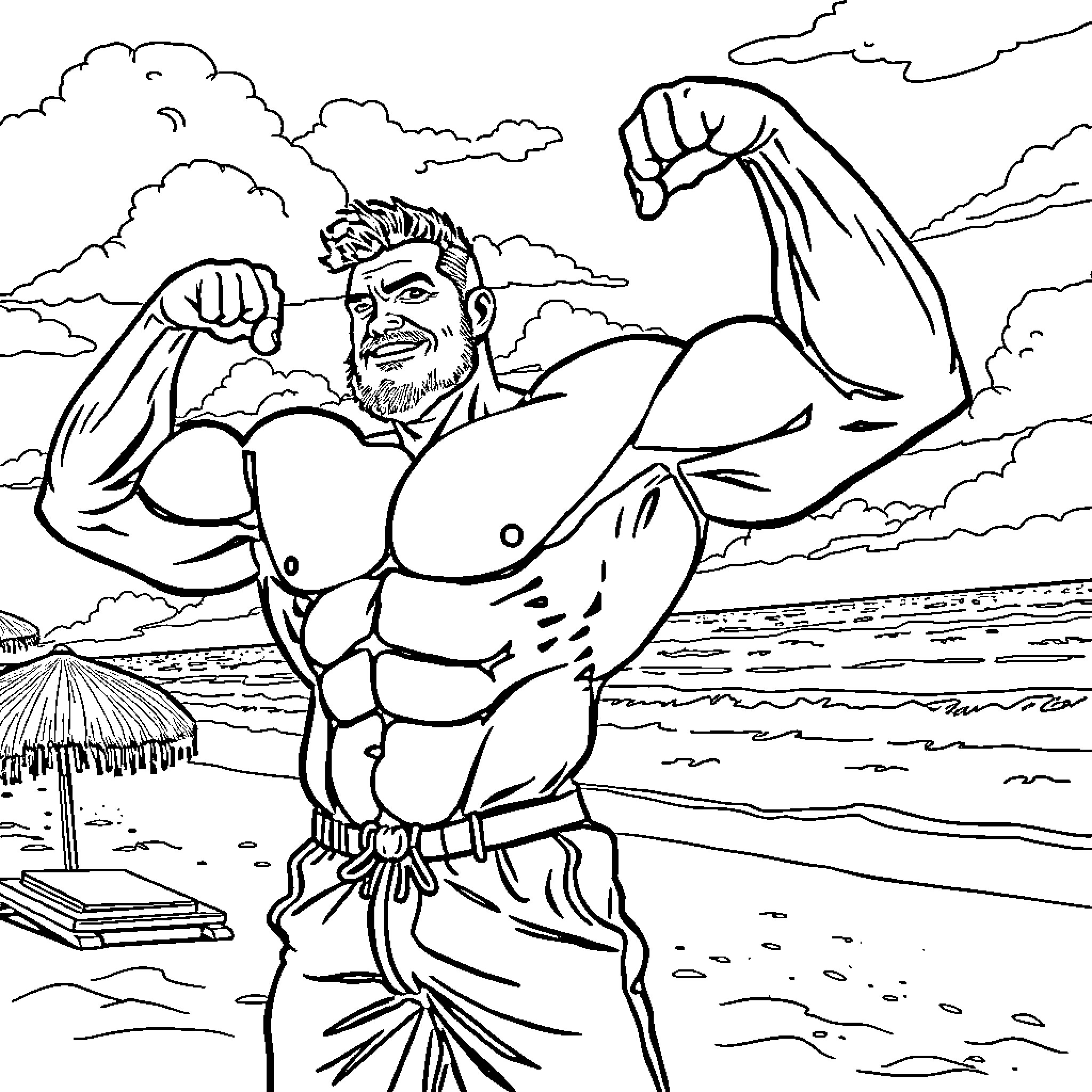 Muscle Man Flexing Powerful Physique at Beach Coloring Page (free black-and-white line drawing printable PDF for all, from beginners to advanced learners, including children, teens, adults, and seniors)
