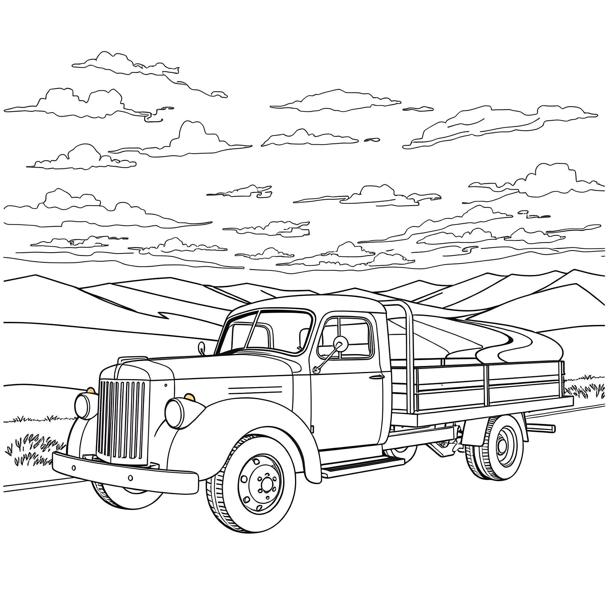 Flatbed truck hauling goods on rural mountain road Coloring Page (free black-and-white line drawing printable PDF for all, from beginners to advanced learners, including children, teens, adults, and seniors)