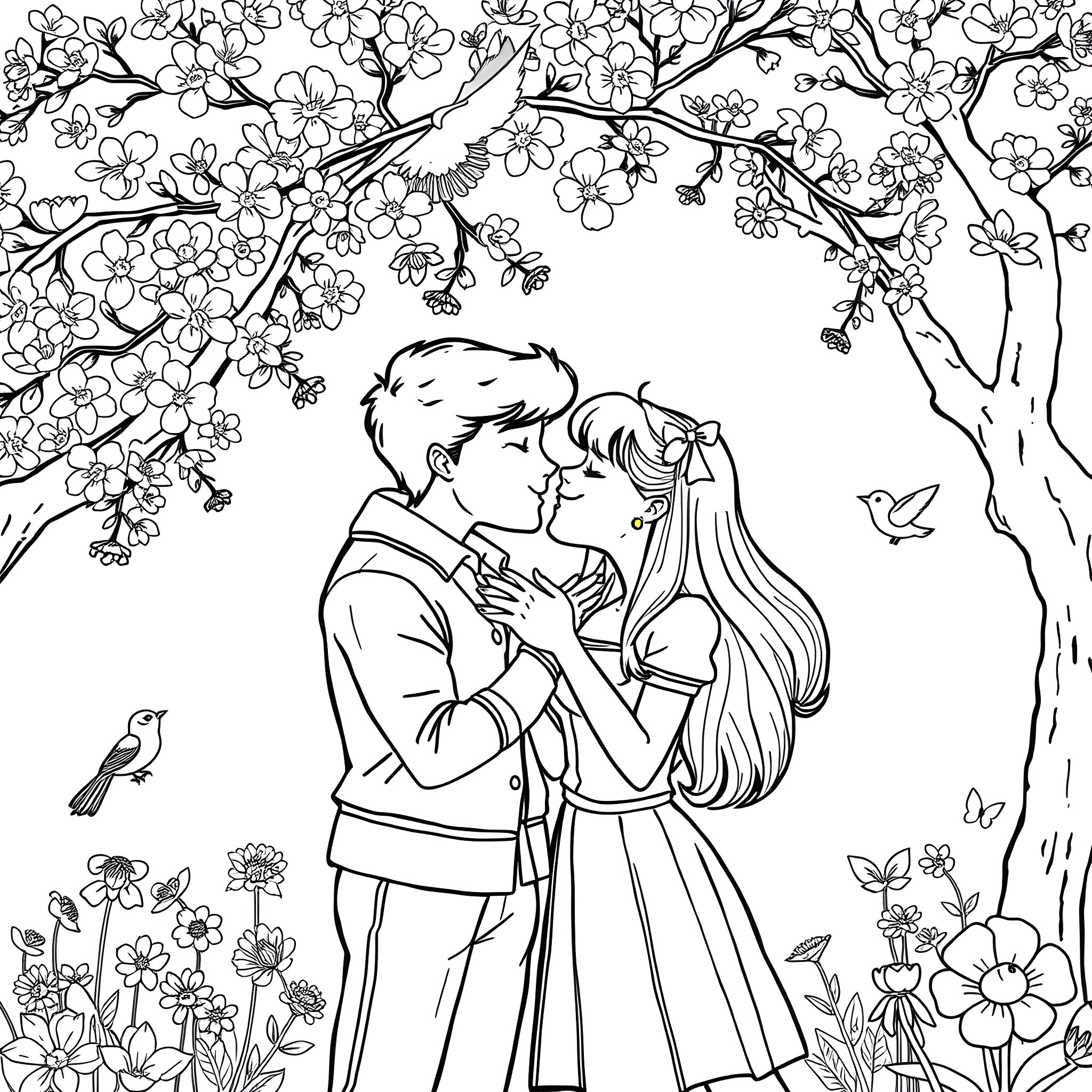 Betty and Veronica's Romantic Encounter in Bloom Coloring Page (free black-and-white line drawing printable PDF for all, from beginners to advanced learners, including children, teens, adults, and seniors)
