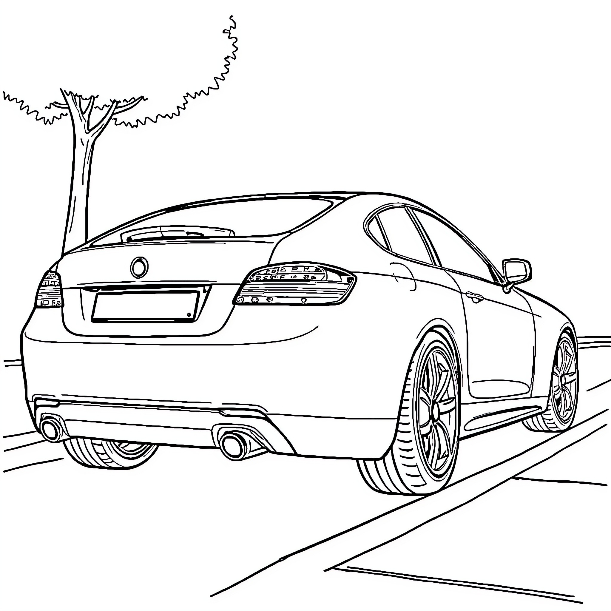 Car parked on the road with tree Coloring Page (free black-and-white line drawing printable PDF for all, from beginners to advanced learners, including children, teens, adults, and seniors)