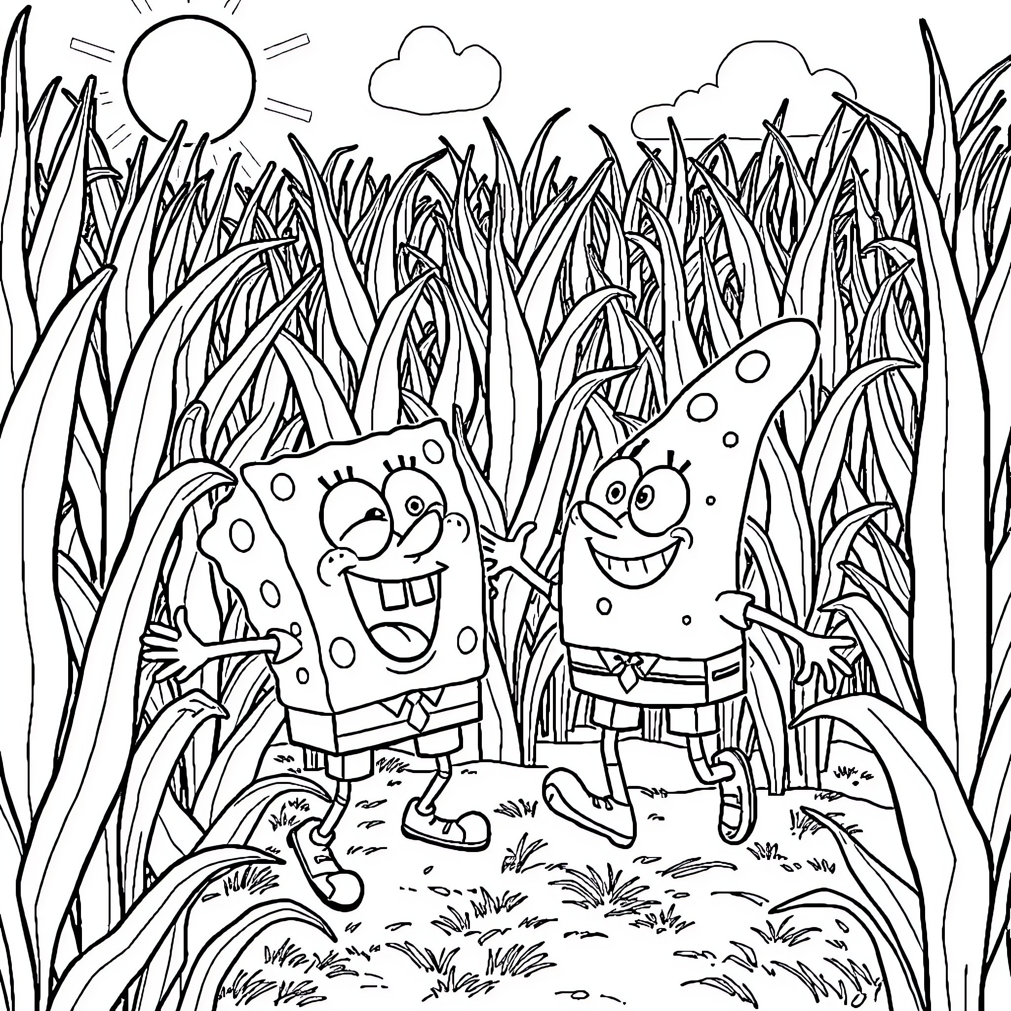 Spongebob and Patrick having fun in the grass Coloring Page (free black-and-white line drawing printable PDF for all, from beginners to advanced learners, including children, teens, adults, and seniors)