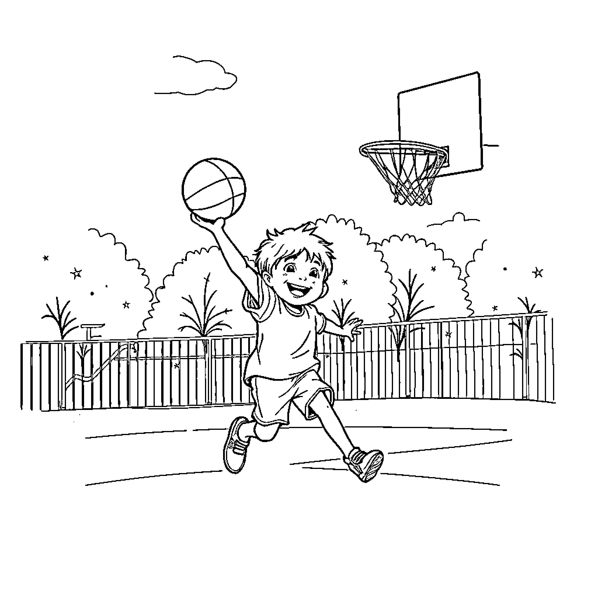 Boy playing happily with basketball on court Coloring Page (free black-and-white line drawing printable PDF for all, from beginners to advanced learners, including children, teens, adults, and seniors)