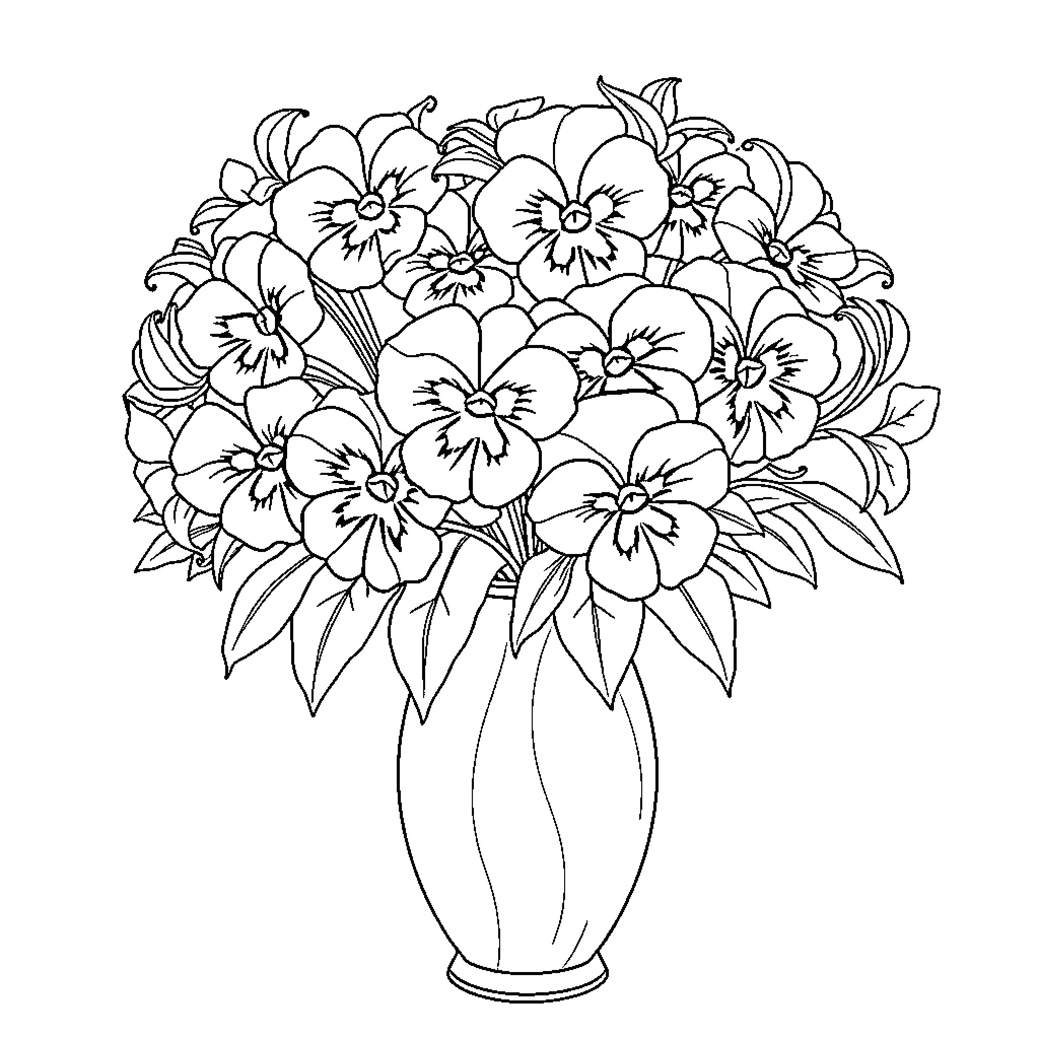 Pansy Bouquet in Vase Coloring Page (free black-and-white line drawing printable PDF for all, from beginners to advanced learners, including children, teens, adults, and seniors)