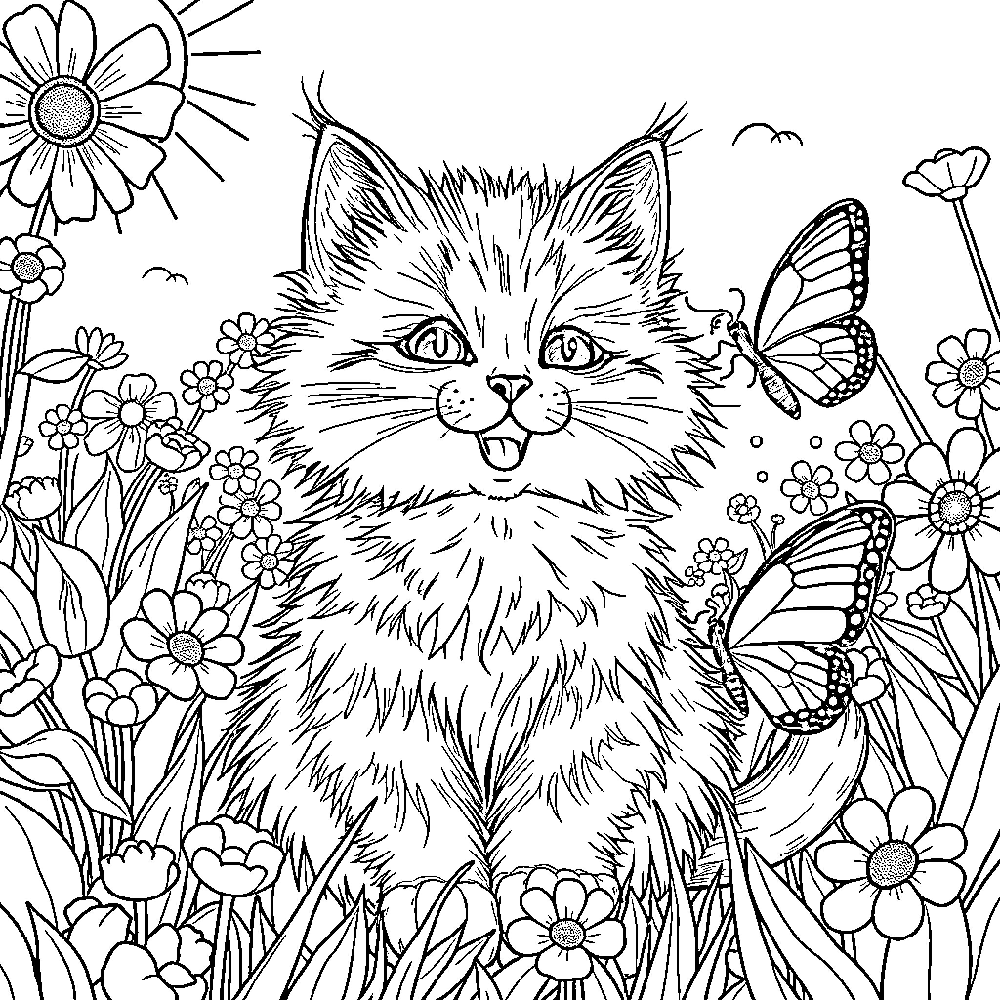 Cat surrounded by flowers and butterflies Coloring Page (free black-and-white line drawing printable PDF for all, from beginners to advanced learners, including children, teens, adults, and seniors)