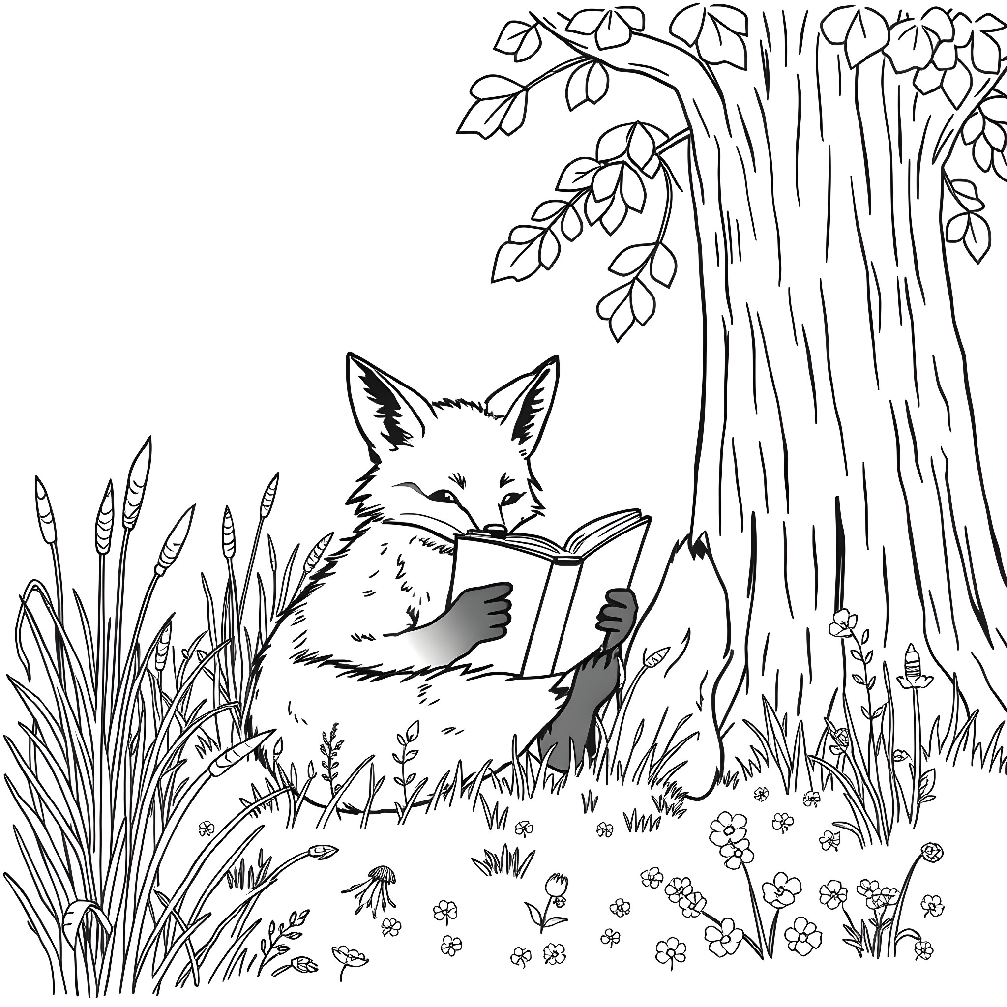Fox reading a book in the forest Coloring Page (free black-and-white line drawing printable PDF for all, from beginners to advanced learners, including children, teens, adults, and seniors)