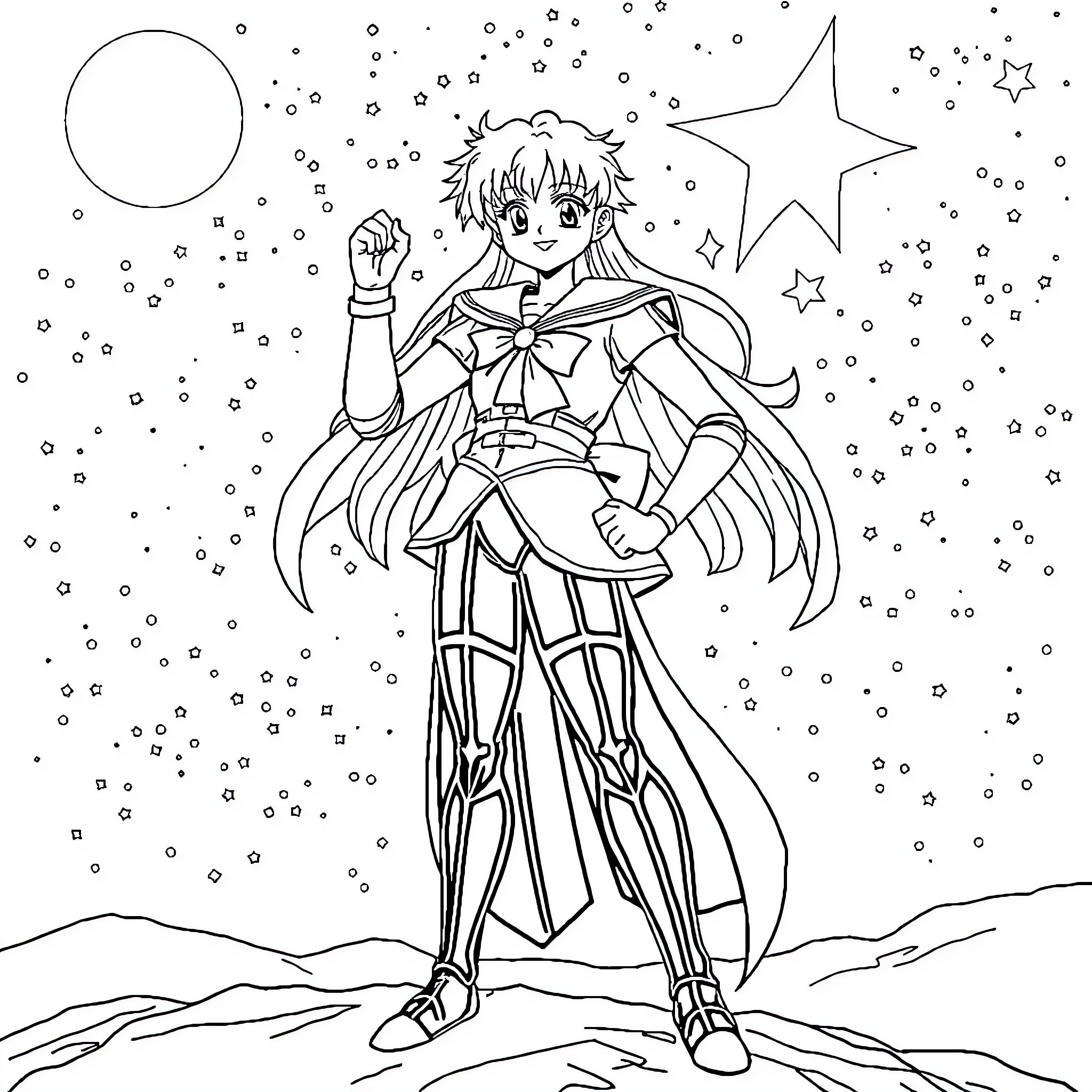 Sailor in Starry Night Coloring Page (free black-and-white line drawing printable PDF for all, from beginners to advanced learners, including children, teens, adults, and seniors)