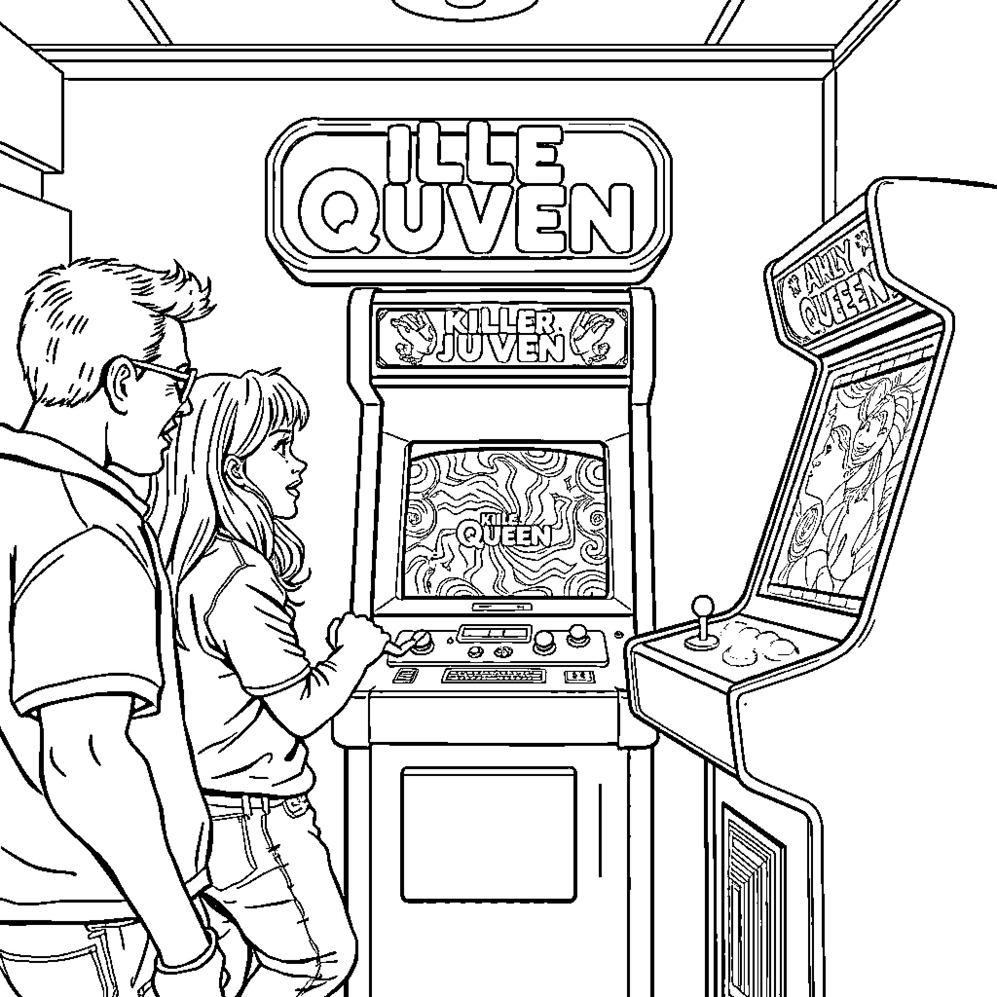 Person playing old-school arcade game together Coloring Page (free black-and-white line drawing printable PDF for all, from beginners to advanced learners, including children, teens, adults, and seniors)