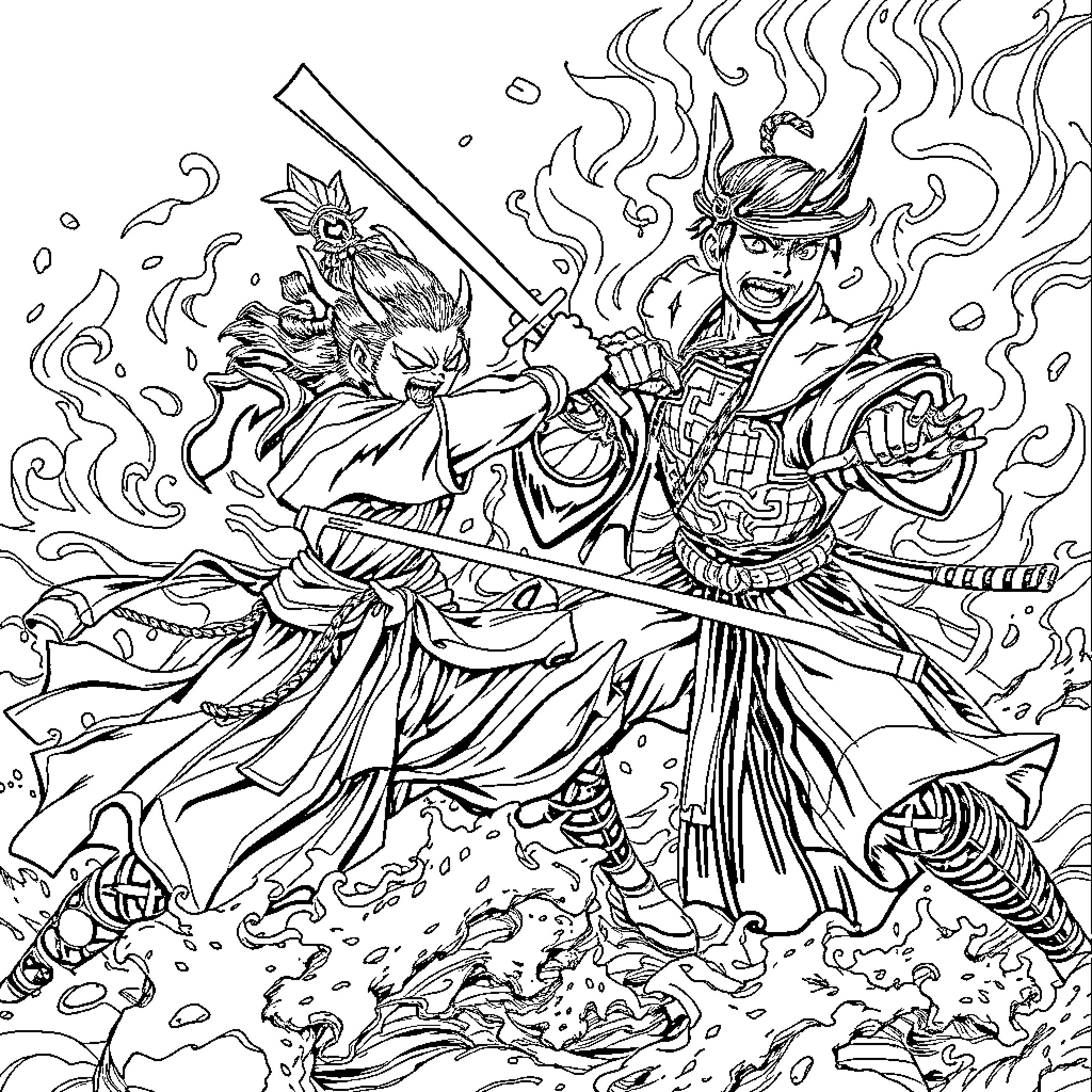 Kensei warriors engaged in epic battle Coloring Page (free black-and-white line drawing printable PDF for all, from beginners to advanced learners, including children, teens, adults, and seniors)
