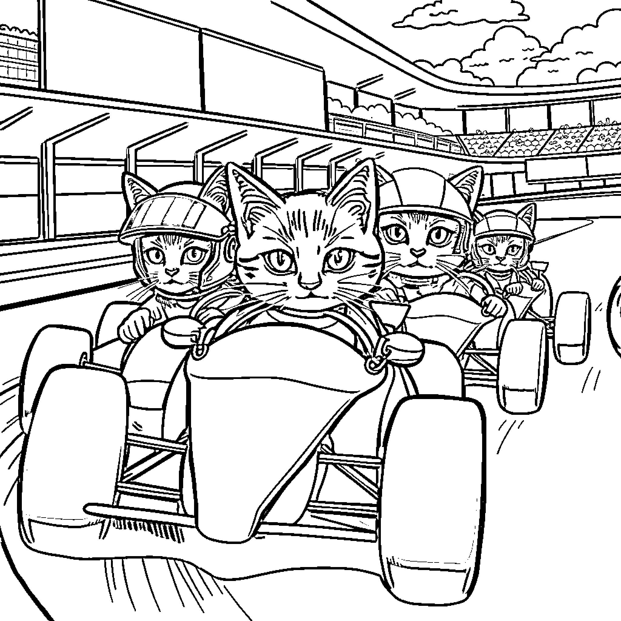 Cats on a Roller Coaster Adventure Coloring Page (free black-and-white line drawing printable PDF for all, from beginners to advanced learners, including children, teens, adults, and seniors)