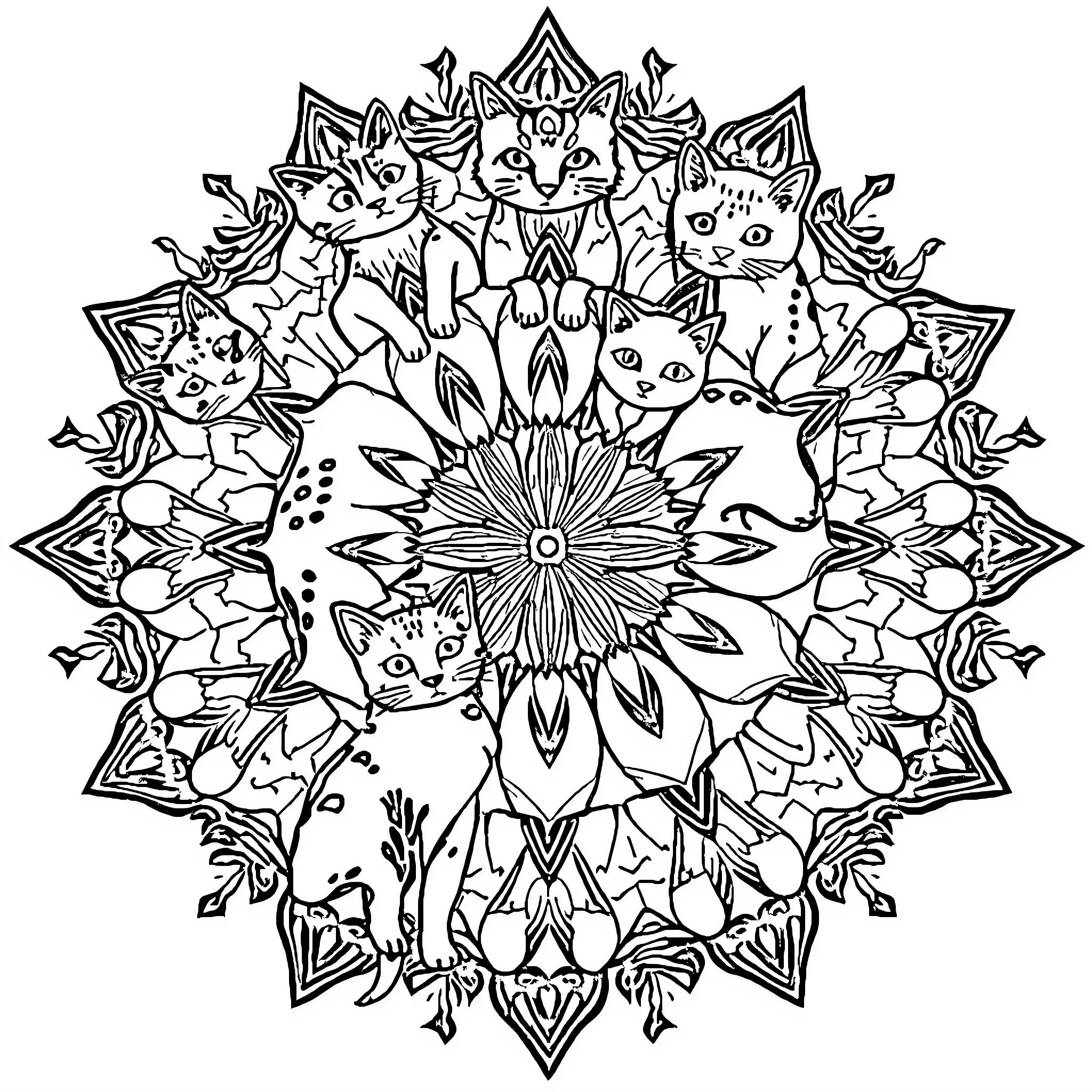 Cat Mandala with Floral Patterns Coloring Page (free black-and-white line drawing printable PDF for all, from beginners to advanced learners, including children, teens, adults, and seniors)