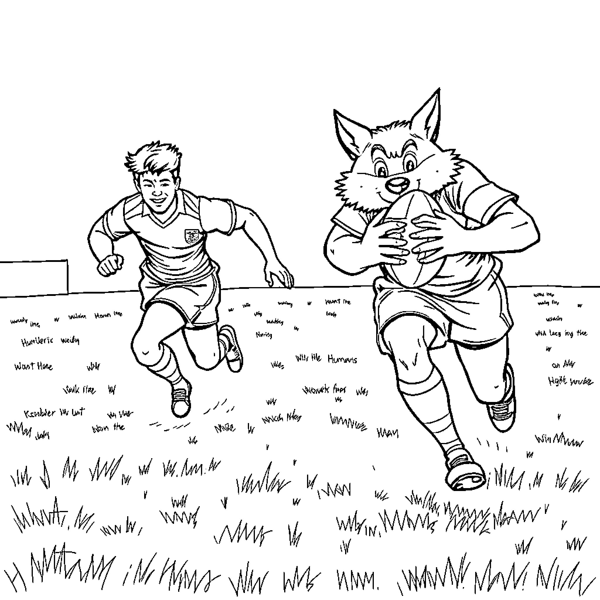 Huntrix: Sportsmen chasing a wolf in the wild Coloring Page (free black-and-white line drawing printable PDF for all, from beginners to advanced learners, including children, teens, adults, and seniors)