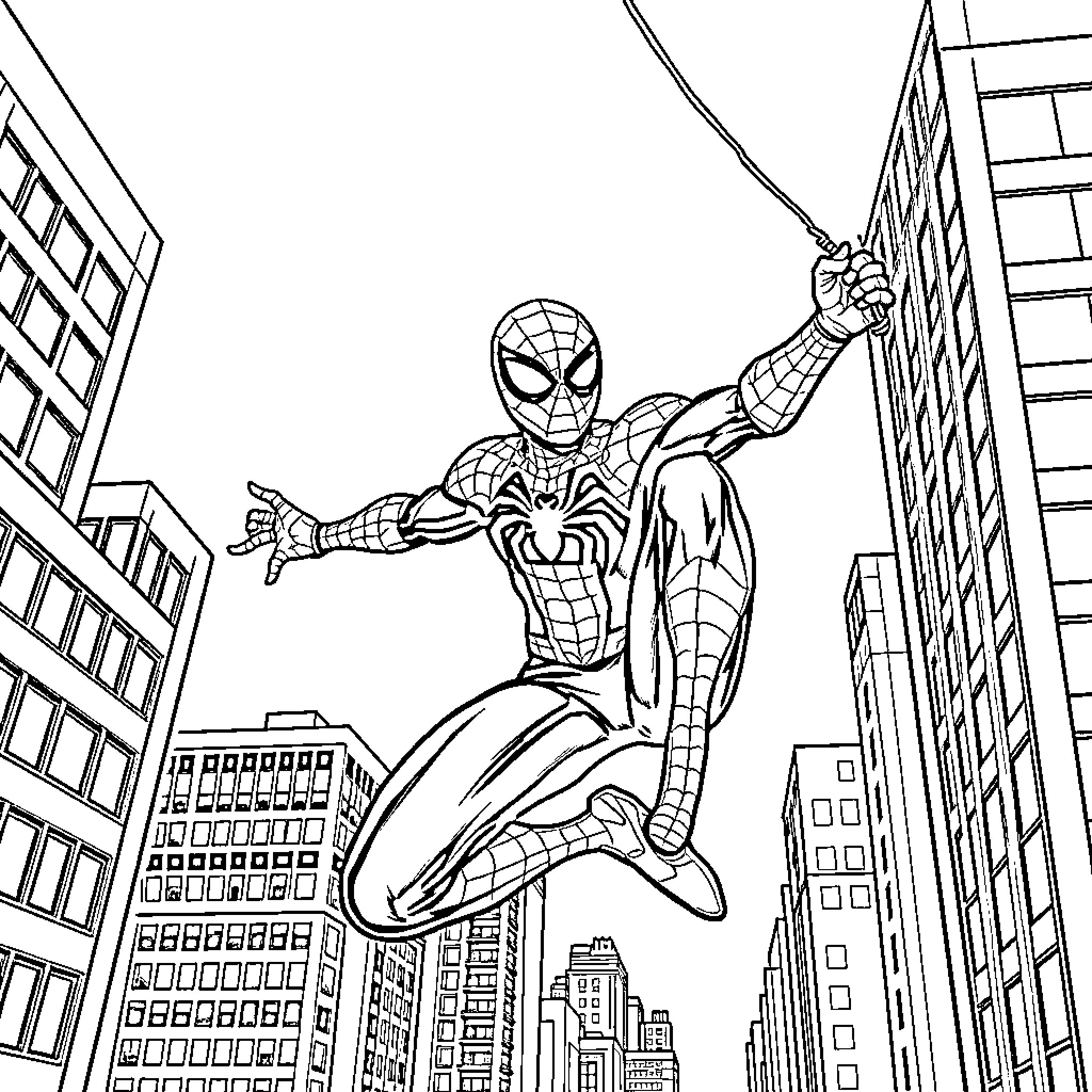 Spider-Man swinging through the city skyline Coloring Page (free black-and-white line drawing printable PDF for all, from beginners to advanced learners, including children, teens, adults, and seniors)