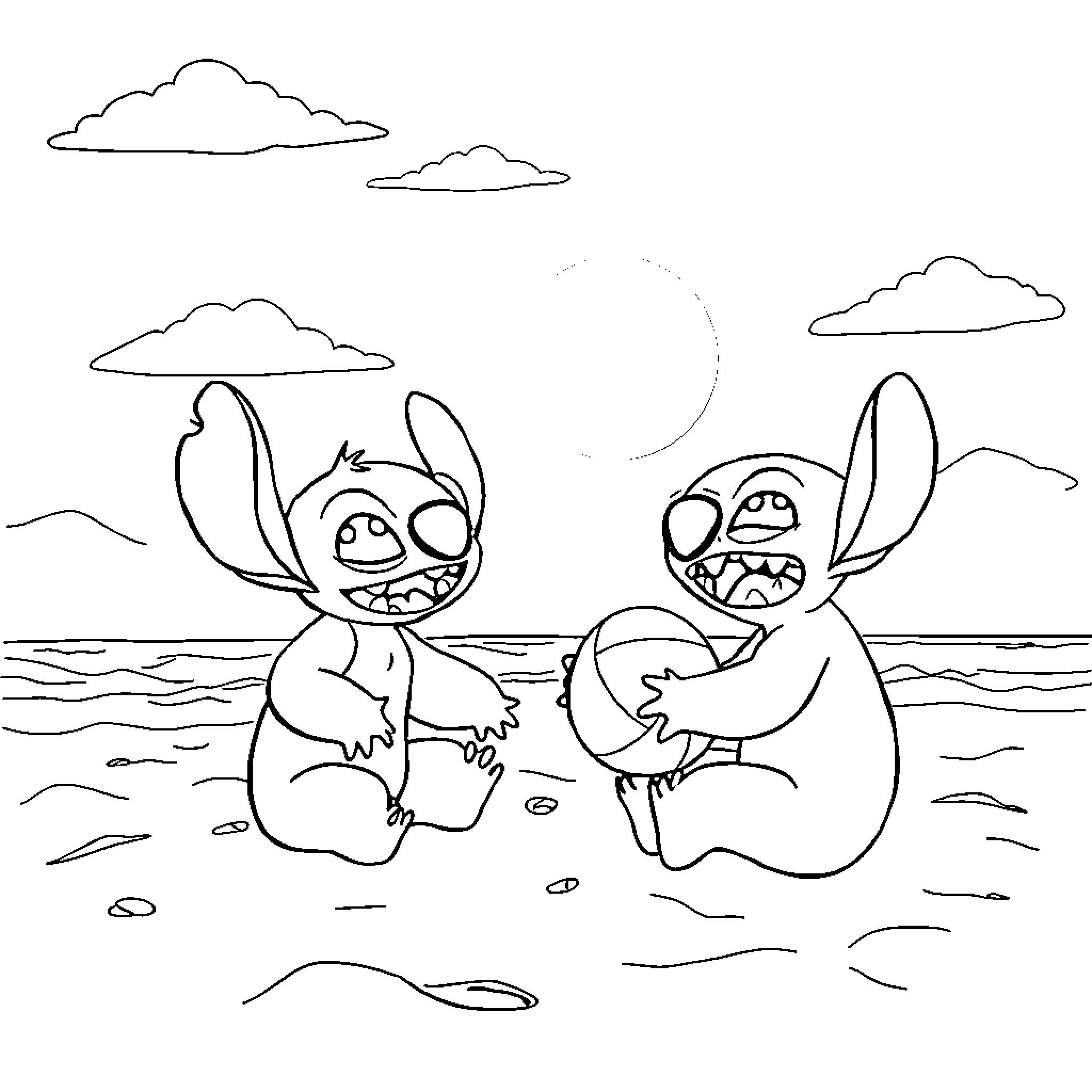 Stitch and friend playing on the beach Coloring Page (free black-and-white line drawing printable PDF for all, from beginners to advanced learners, including children, teens, adults, and seniors)