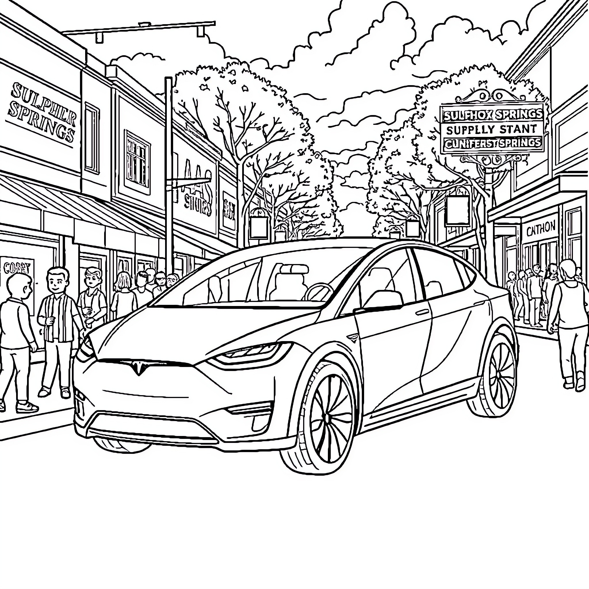 Tesla electric vehicle in small town street scene Coloring Page (free black-and-white line drawing printable PDF for all, from beginners to advanced learners, including children, teens, adults, and seniors)