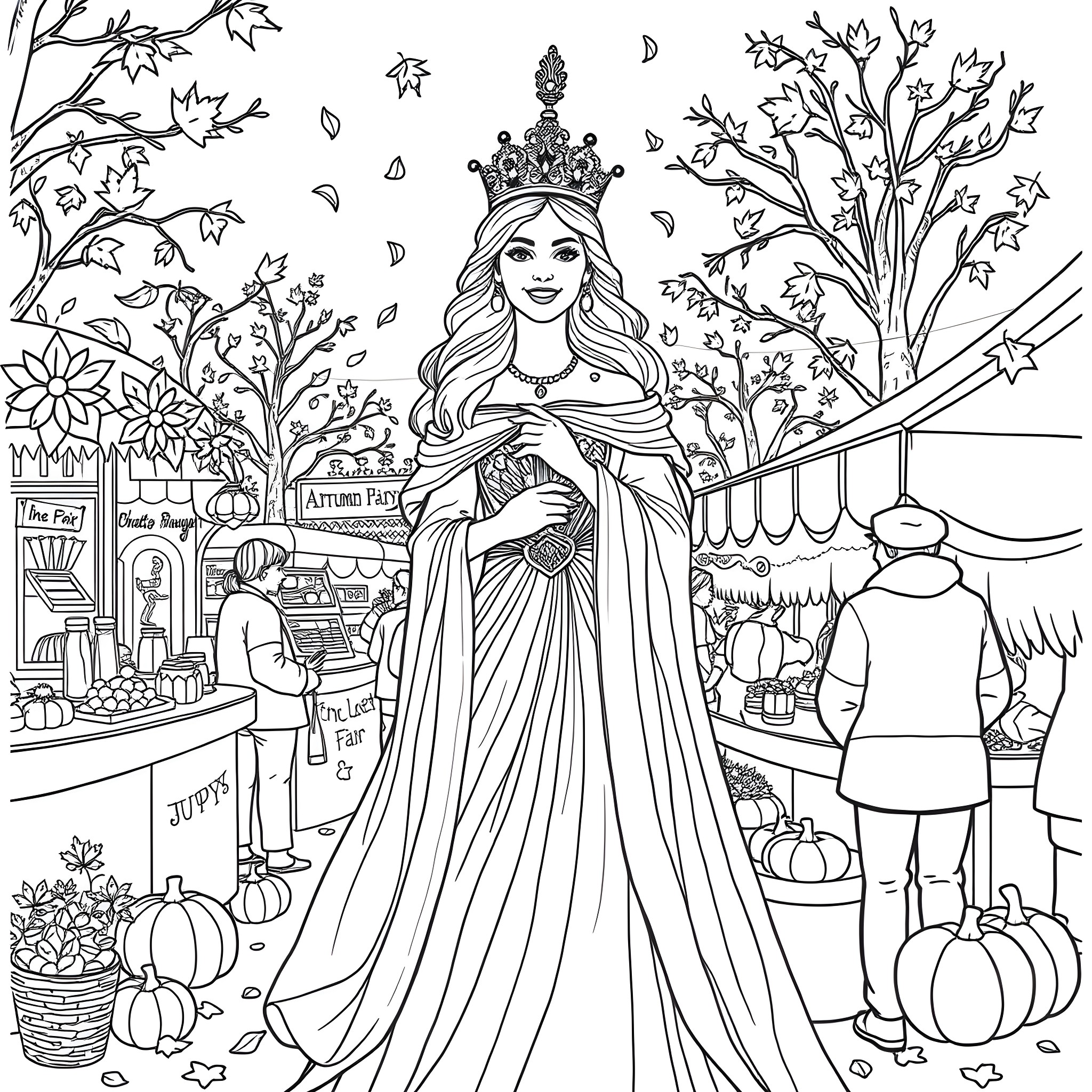 Queen in an Autumn Marketplace Coloring Page (free black-and-white line drawing printable PDF for all, from beginners to advanced learners, including children, teens, adults, and seniors)