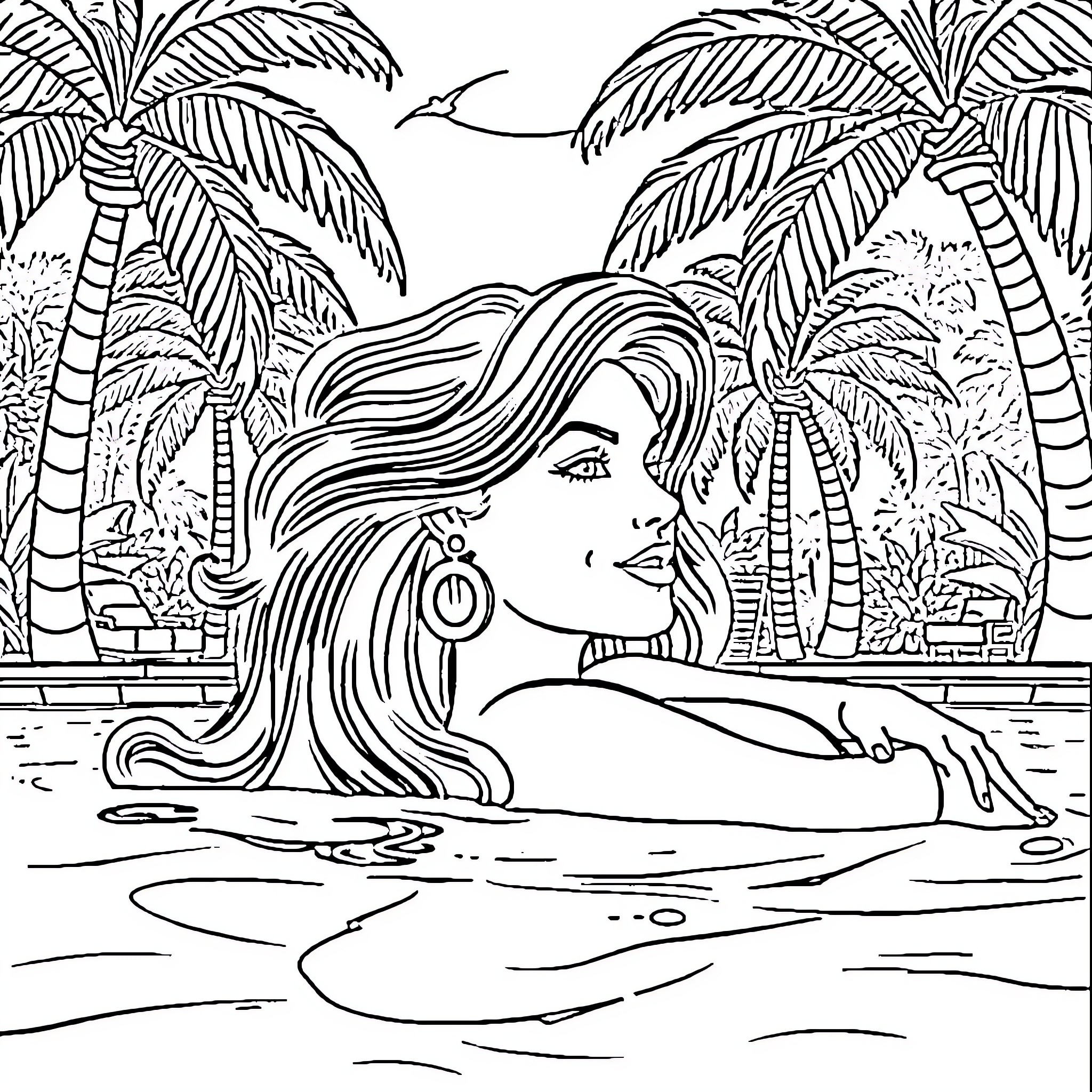 Angela relaxing in the tropical paradise Coloring Page (free black-and-white line drawing printable PDF for all, from beginners to advanced learners, including children, teens, adults, and seniors)