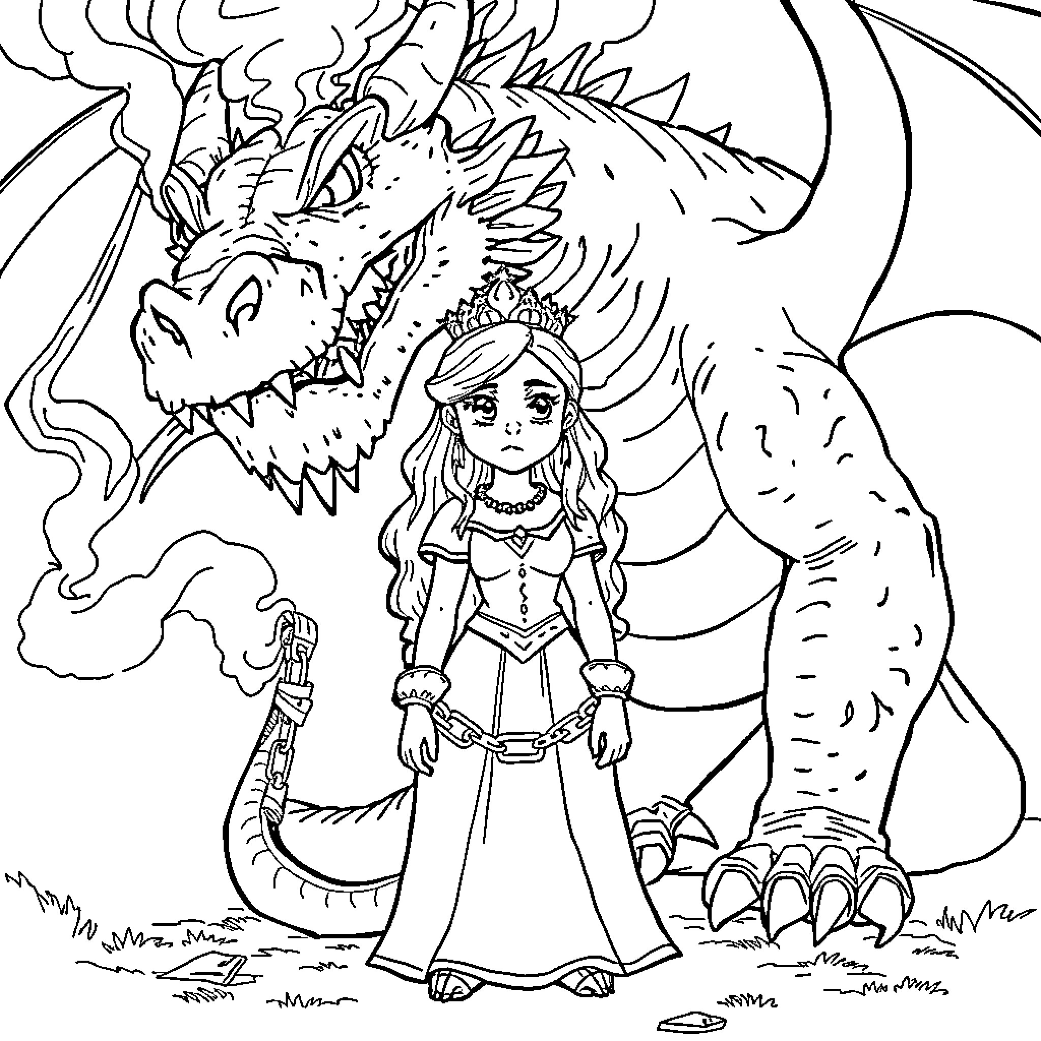 Princess Confronts Fierce Dragon Coloring Page (free black-and-white line drawing printable PDF for all, from beginners to advanced learners, including children, teens, adults, and seniors)