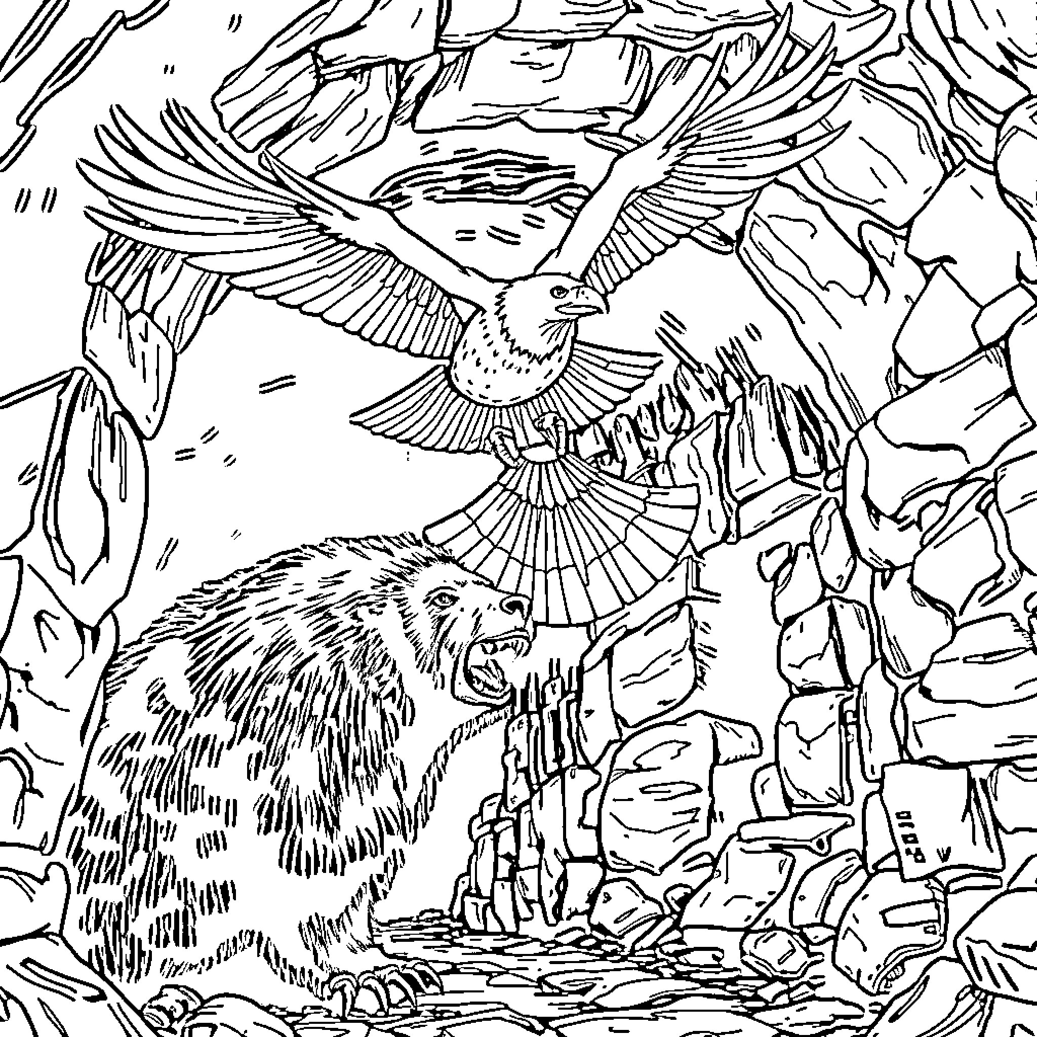 Eagle soaring majestically over rugged landscape Coloring Page (free black-and-white line drawing printable PDF for all, from beginners to advanced learners, including children, teens, adults, and seniors)