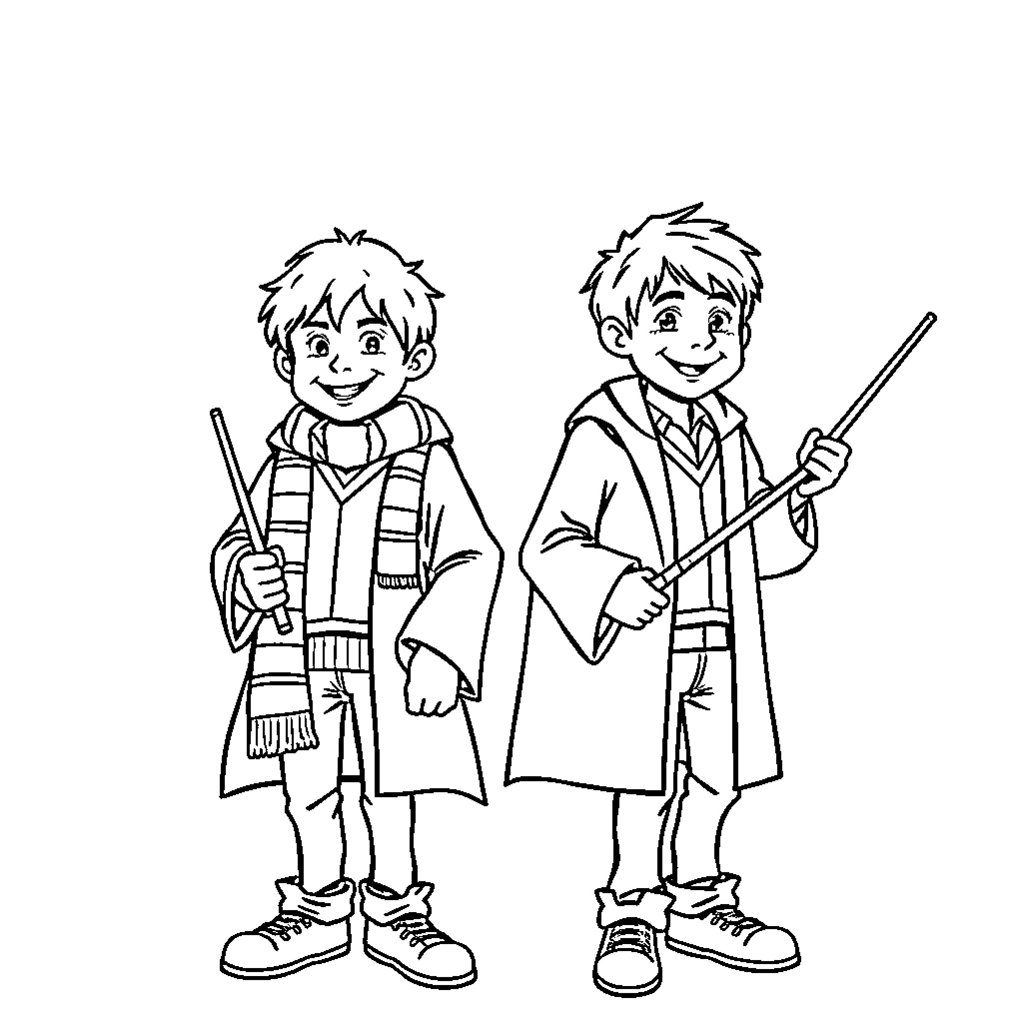 Weasley Brothers Wizard Duo in Uniform Coloring Page (free black-and-white line drawing printable PDF for all, from beginners to advanced learners, including children, teens, adults, and seniors)